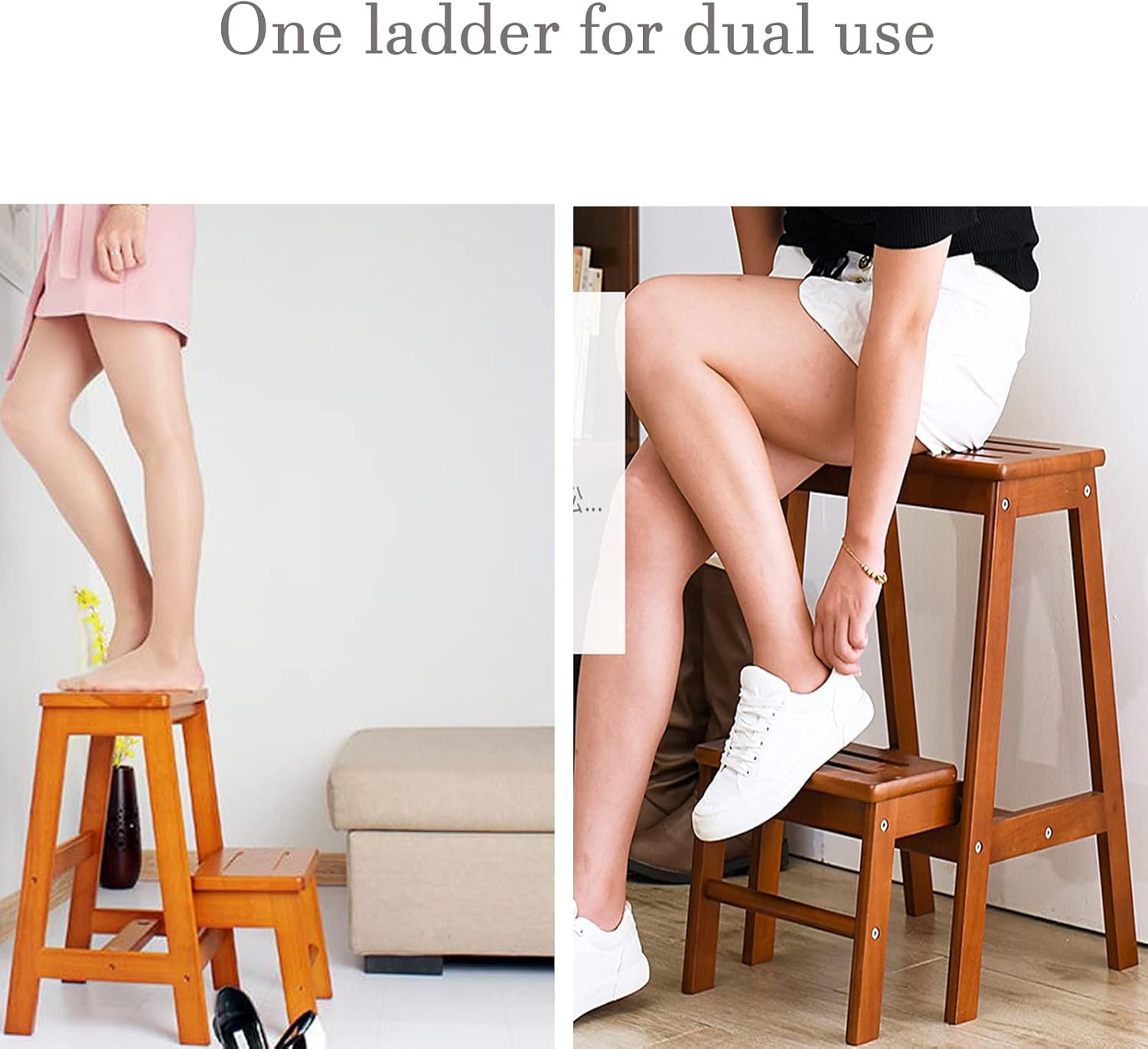 2 Step Foldable Step Stool, Wooden Counter Chair Portable Stairs Chair Small Foot Stools Ladder Chair Anti-Slip Stepladder Shoe Bench/Flower Rack
