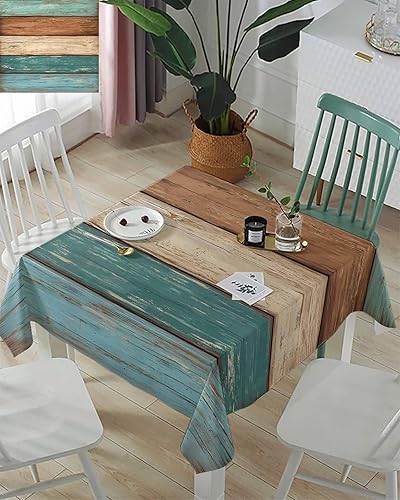 Miniatura 3 de Mantel turquesa verde azulado impermeable a prueba de aceite, mantel cuadrado de madera retro verde y marrón para exteriores, mantel para mesa de