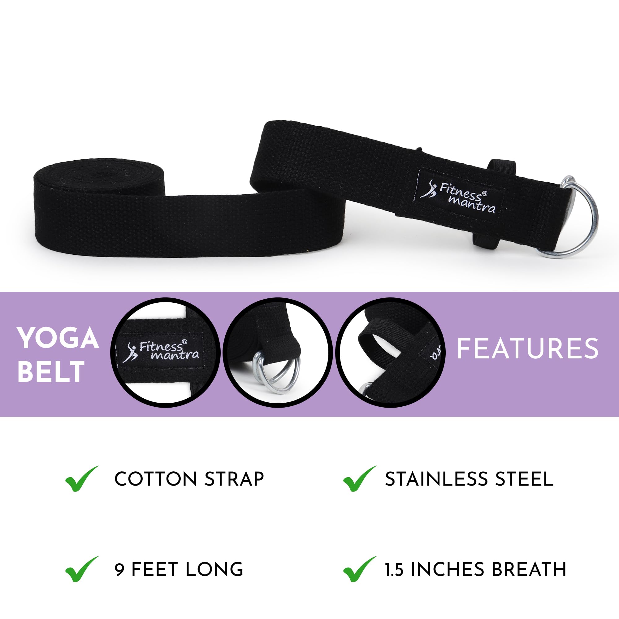 Fitness Mantra® 8.5 Feet Premium Cotton Yoga Belt for Women and Men |Adjustable D-Ring Strap for Stretching, Yoga, Pilates, Physical Therapy & Fitness |Durable & Anti-Slip Quality| Black| 3