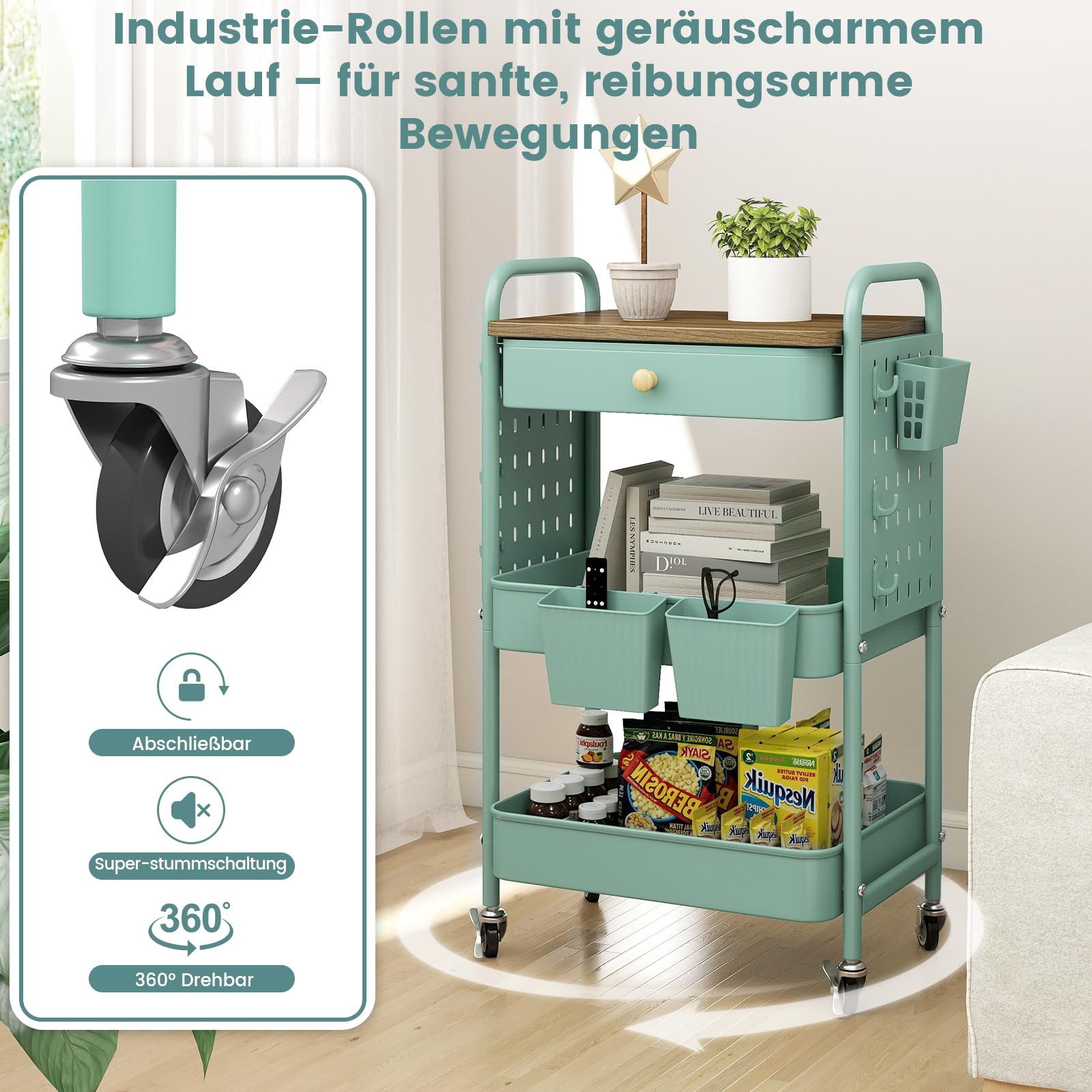 danpinera - Carrito de ruedas de 3 niveles de metal con cajones y paneles perforados, carro de servicio, carro de bricolaje, carro de cocina con ruedas para cocina, sala de estar y baño