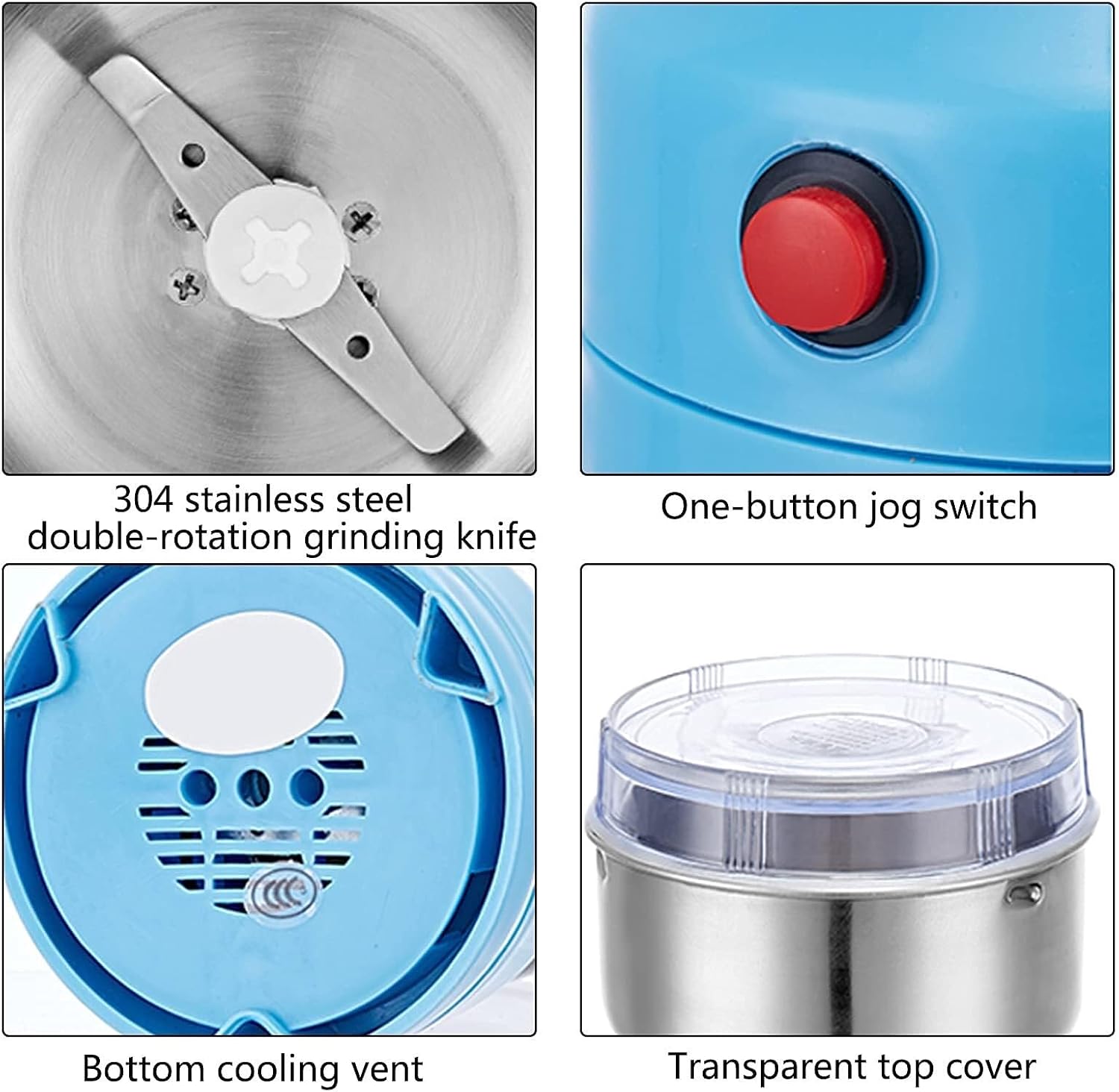 Electric Coffee Grinder, 150W Low Noise Grain Grinder for Beans, Nuts, Seeds, Herbs, Spice with Stainless Steel Blades (Blue)
