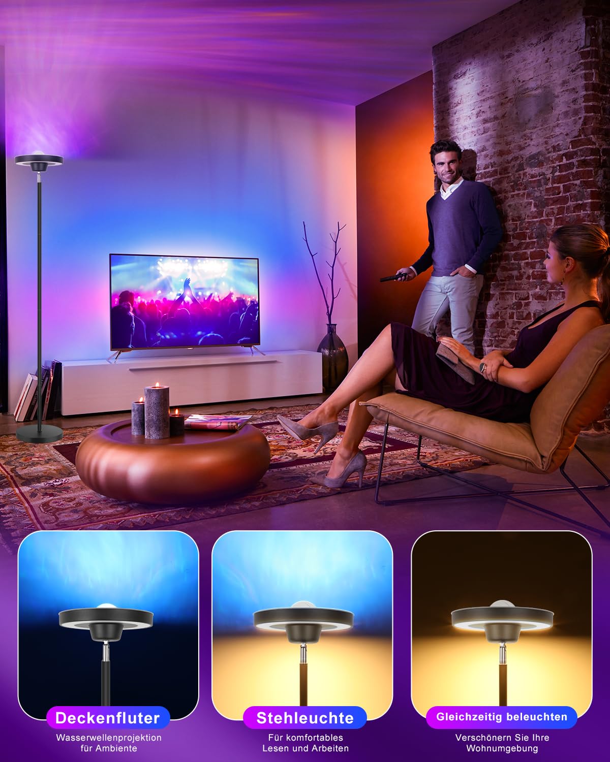LED Deckenfluter mit Wasserwellen-Projektor, 24W Stehlampe Wohnzimmer Dimmbar, RGB Ambientebeleuchtung, 2700-6500K, Fernbedienung, Moderne Stehleuchte für Schlafzimmer Gaming Zimmer Wohnzimmer