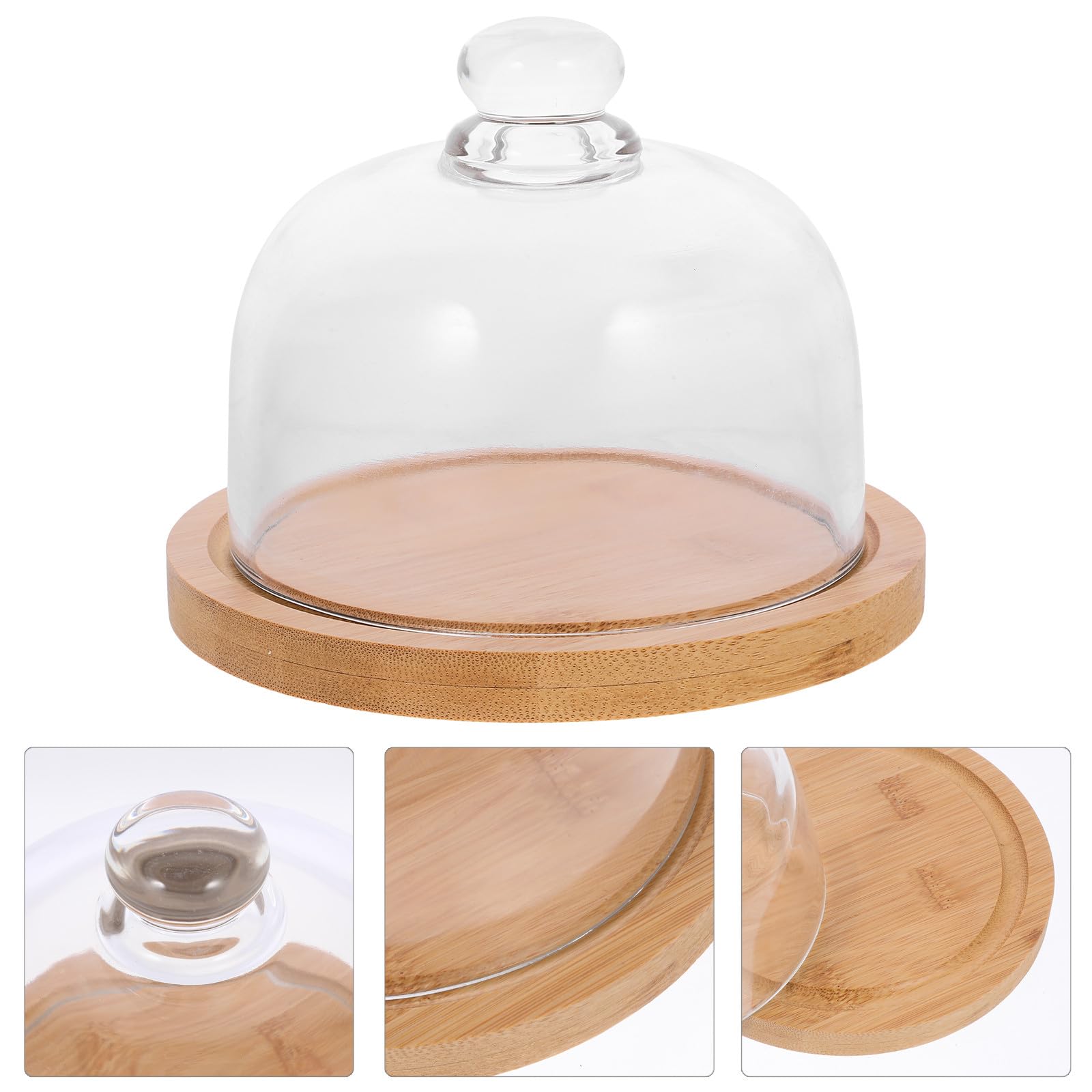 Veemoon Mini Cloche en Verre Base en Bois et Poignée Plateau à Dessert Transparent pour Fromage Bonbons et Fruits pour Dégustation et Présentation