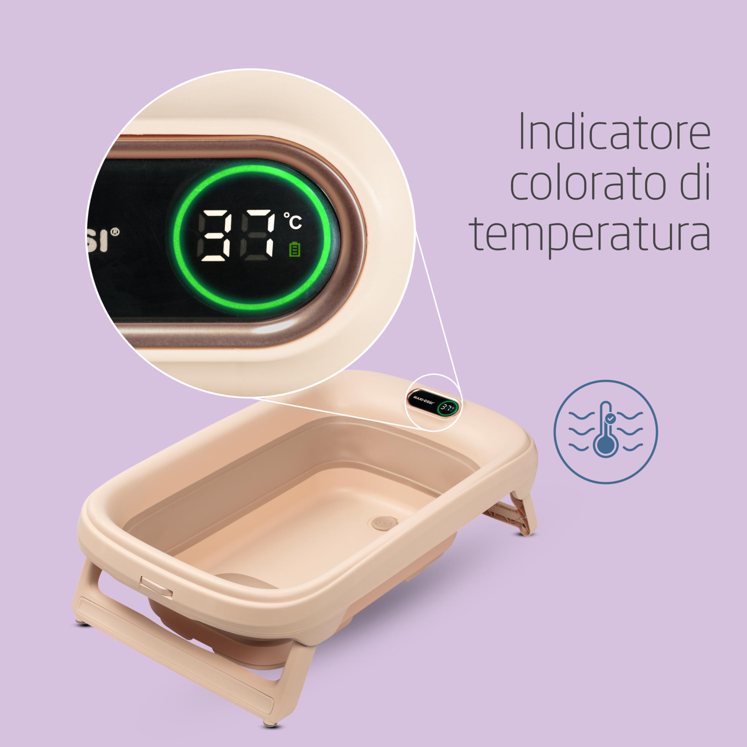 Maxi-Cosi Indigo Vaschetta Bagnetto Neonato Pieghevole, Bagnetto Bambini 0-4 Anni, Termometro HighSense Integrato, Anti-scivolo, Vaschetta Bagnetto Neonato da Viaggio, Chiusura Compatta, Muted Terra