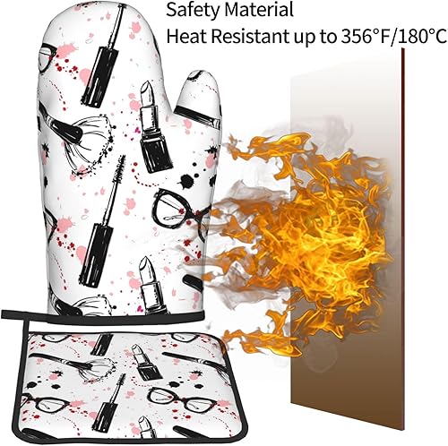 Miniatura 4 de Juego de guantes de horno y soportes para ollas con patrón de cosméticos de maquillaje, guantes de horno resistentes al calor y agarradera, guantes
