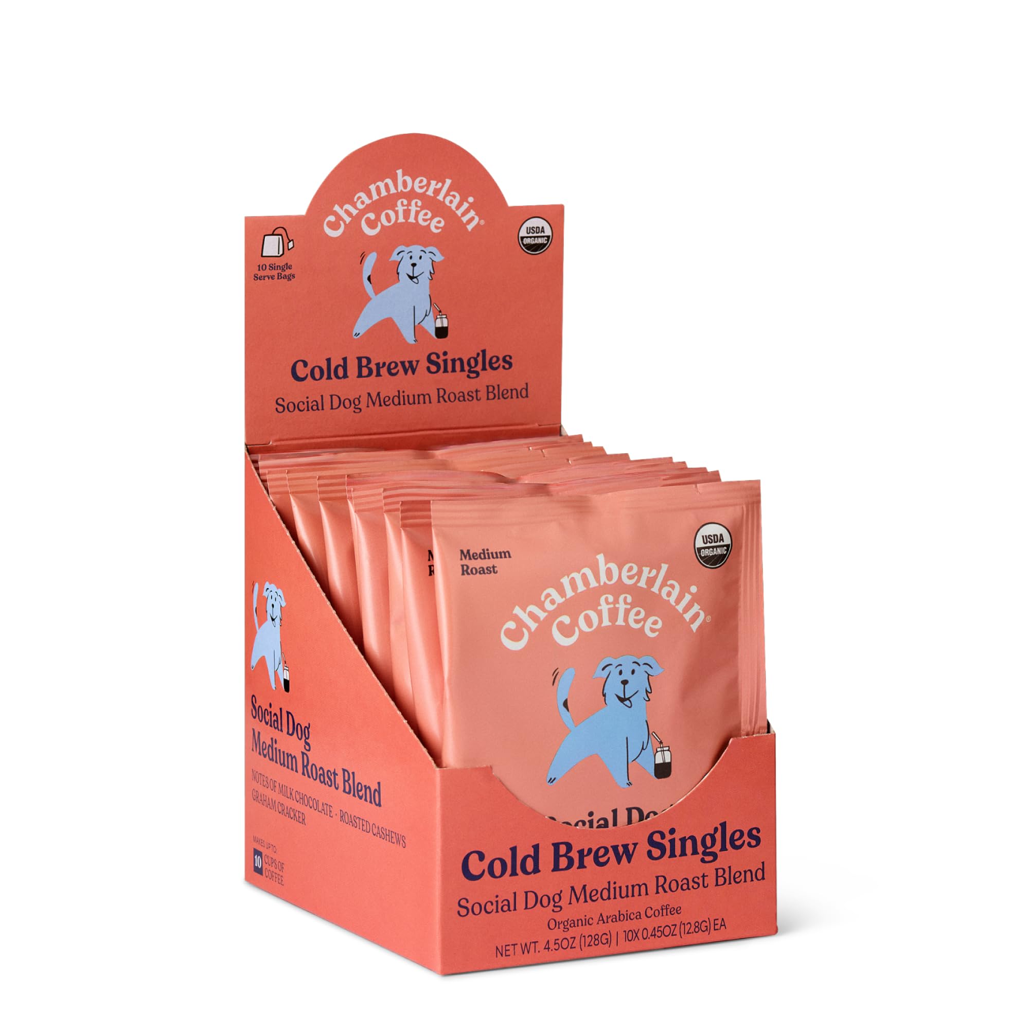 Social Dog Blend Cold Brew Singles - Full Bodied, Medium Roast Organic Coffee Single Serve Bags with Notes of Sweet Milk Chocolate, Roasted Peanuts, Velvety Brown Sugar & Graham