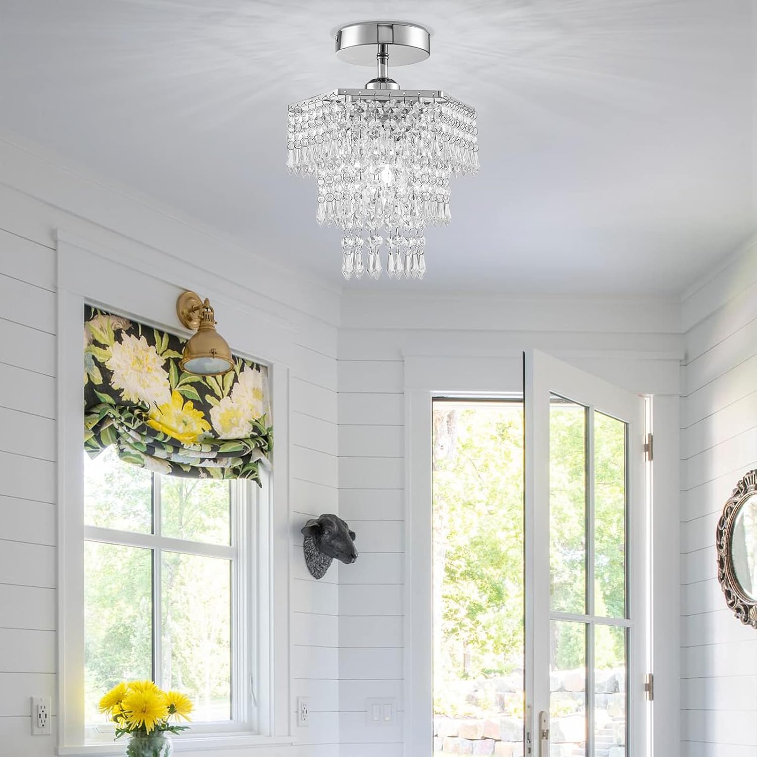 HongnuoFc Mini Crystal Chandelier Flush Mount Ceiling Light Fixtures Small Chandelier for Bathroom Bedroom Closet Hallway Foyer(E26 Bulb Base, Chrome) - - 