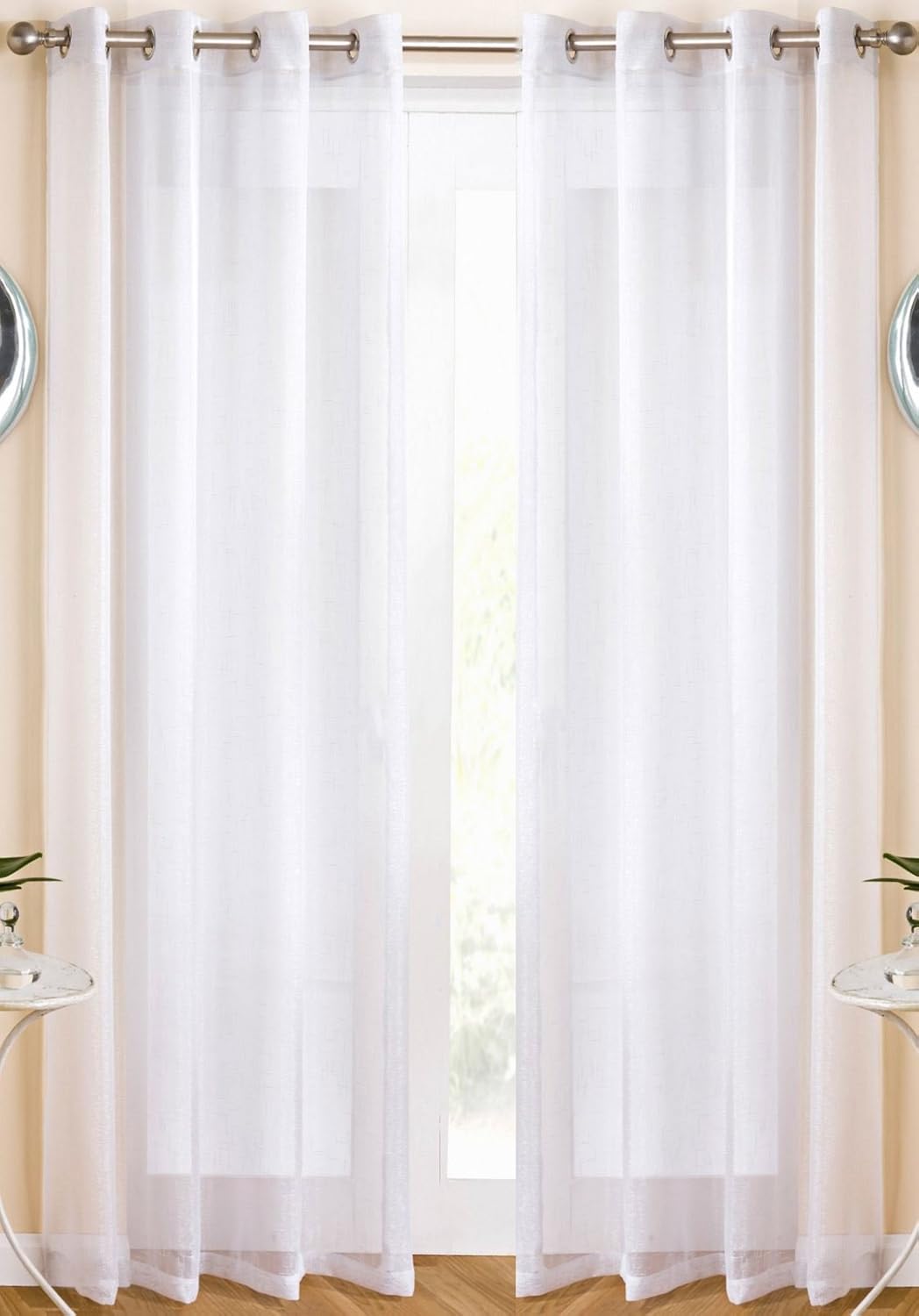 Set of 2 Marrakesh Eyelet Voile Curtain Panels, Pair of Modern Metallic