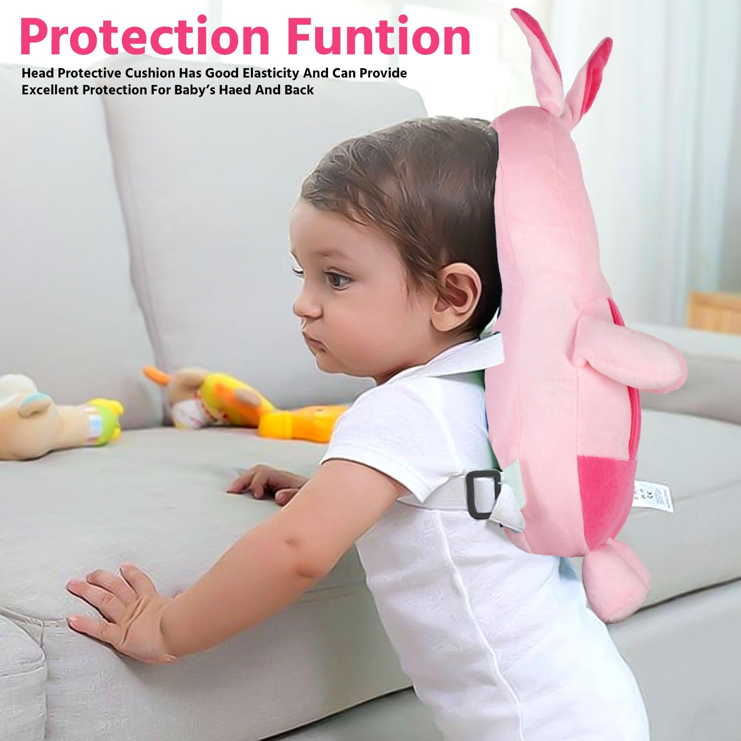 HUG PUPPY Head Protector Cushion Toddler Backpack, Safety Products for Walker, Back Protection for Crawling & Walking Rabbit Design (Pink) - Image 2 thumbnail