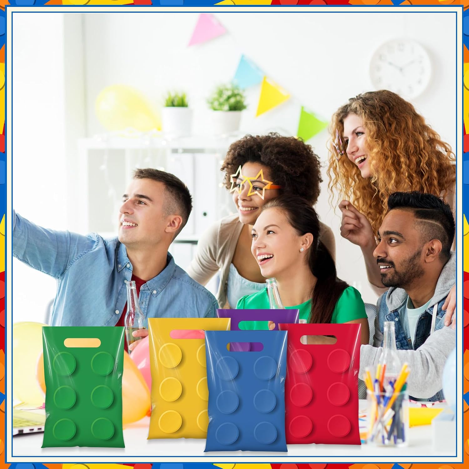 Funrous 100 Pcs Building Block Party Favor Bags Building Block Treat Goodie Bags Plastic Bricks Candy Cookie Snack Bag with Handle for Bricks Theme Birthday Party Baby Shower Decoration Supplies