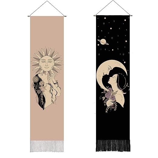 2 Pack Boho Decor Sun and Moon Tapestry for Bedroom, Aesthetic (12.8 x 53.1 inches) Black Cotton Linen Wall Tapestry for Living Room
