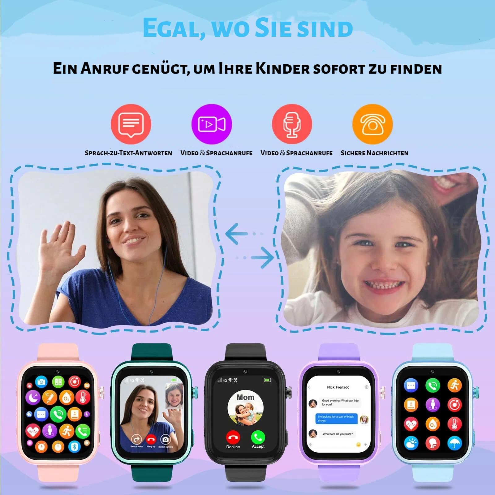 OKYUK Smartwatch dziecięcy 4G z trackerem GPS, dwukierunkowe połączenia, SOS, smartwatch z wieloma stylami pulpitu do wyboru dla 6-12 chłopców i dziewczynek (niebieski)