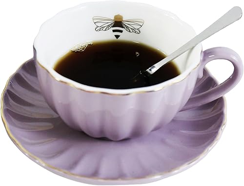 YBK Tech Strength - Juego de té de porcelana, taza y platillo, abeja dorada dentro de la taza (morado)