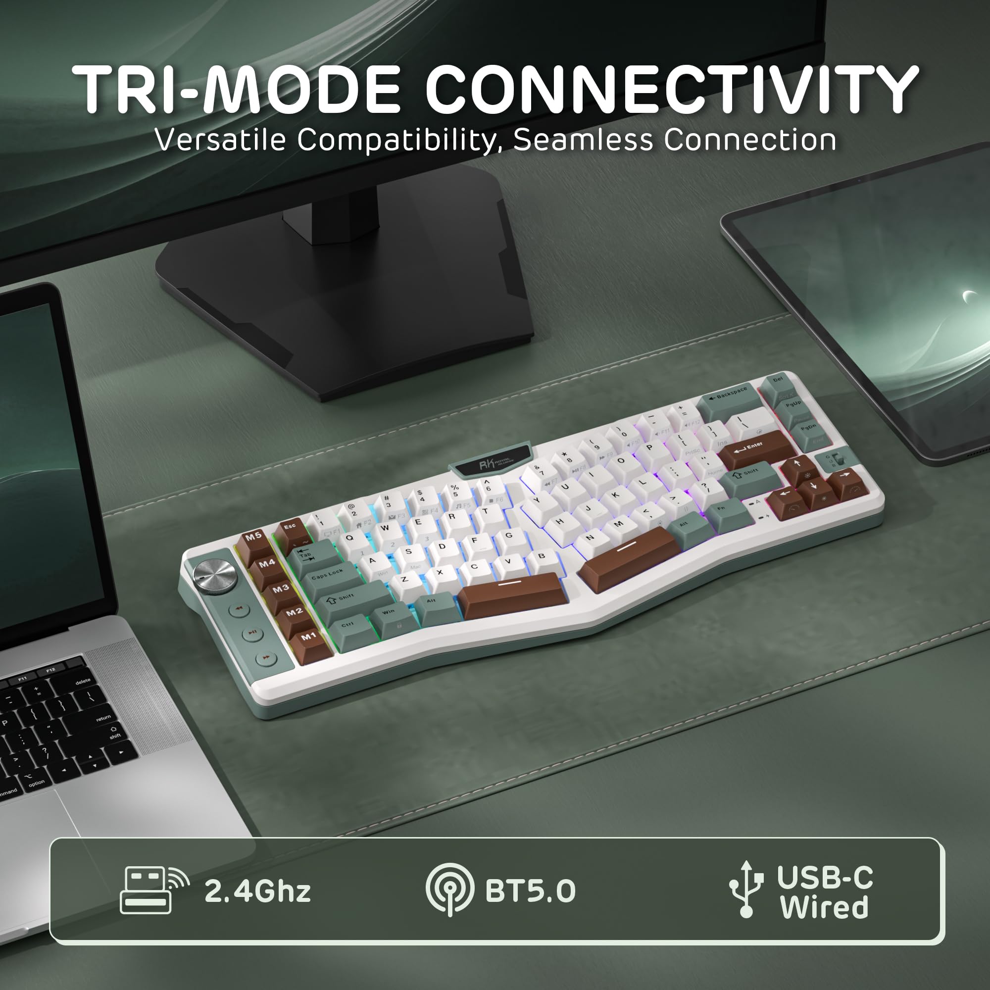 RK ROYAL KLUDGE A72 Alice Ergonomiczna bezprzewodowa klawiatura mechaniczna przycisk/klawisze makro/dotykowa plakietka imieniem, tryb 68% 72klawisze, Hot Swap, Win/Mac, akumulator 7500 mAh, QWERTY