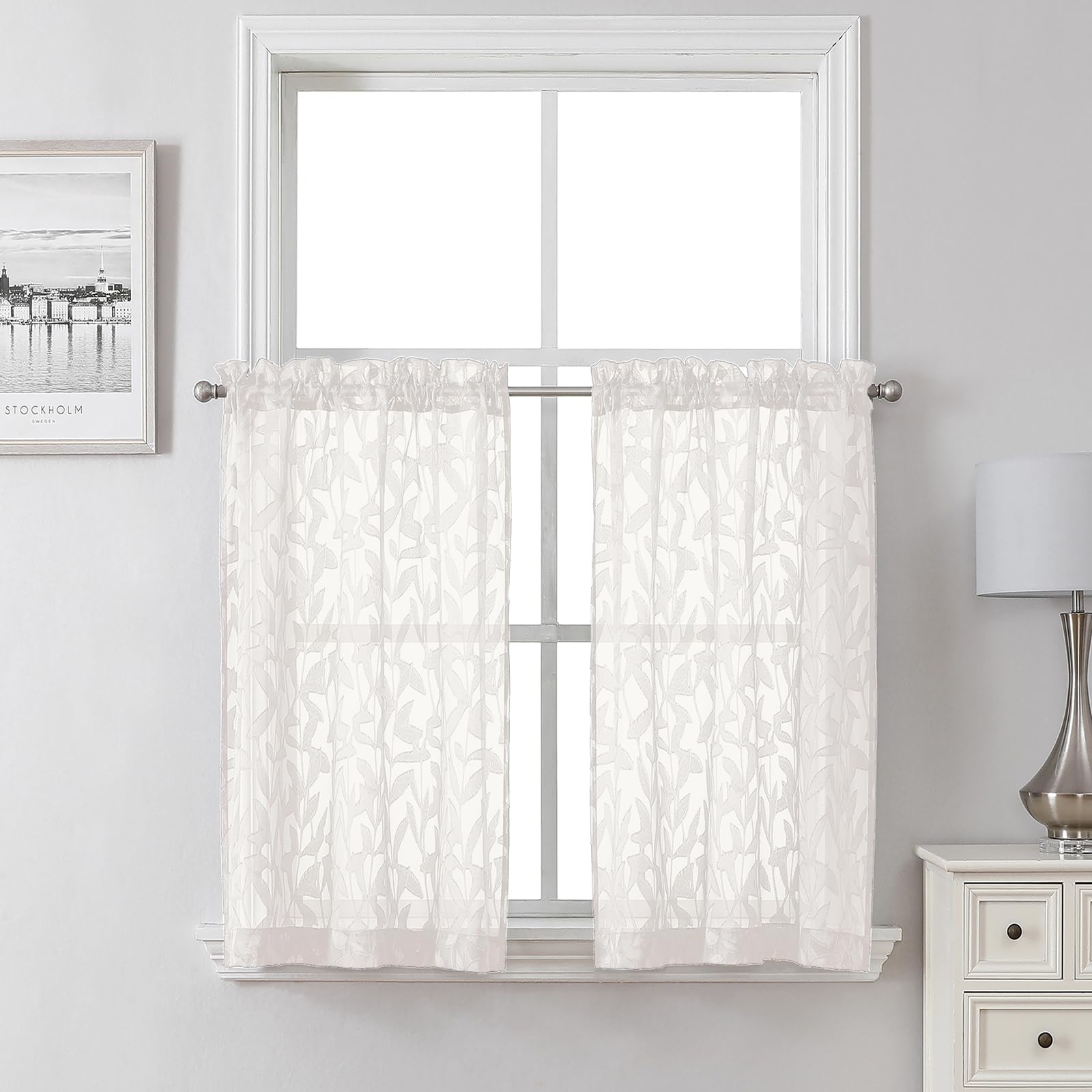 Lecloud Leia Sheer Ivory Kitchen Curtains 36 Inch Length 2 Pcs, Jacquard Leaf Textured Voile Short Curtain Tiers, Farmhouse Small Curtain for Bedroom Bathroom with Dual Rod Pocket, 28" W x 36" L