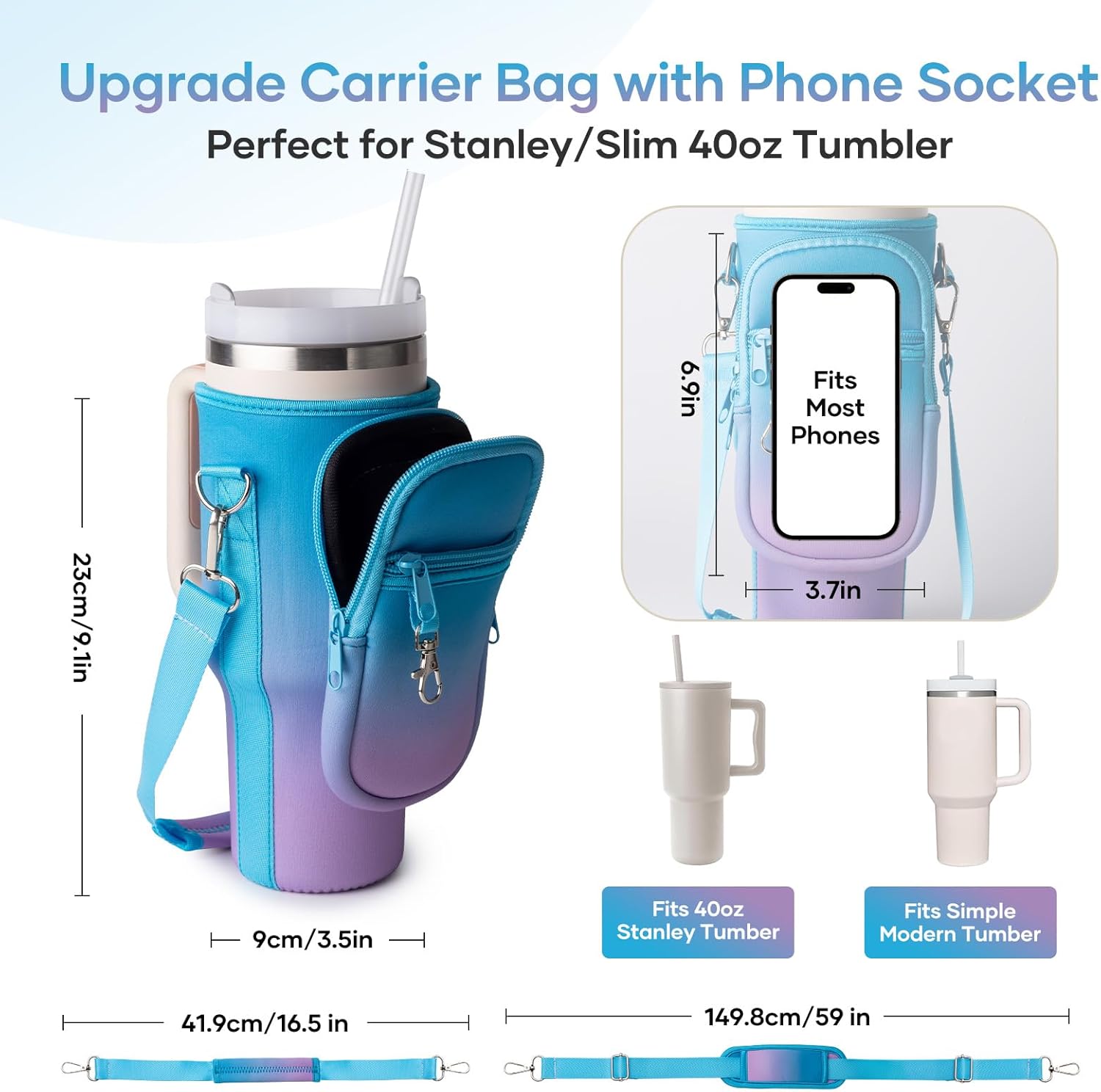 linmaya water bottle carrier bag with phone pocket for stanley cup 40/30oz,insulated neoprene water bottle holder cross-boday bag with adjustable shoulder & handheld strap stanley cup accessories 30oz blue purple