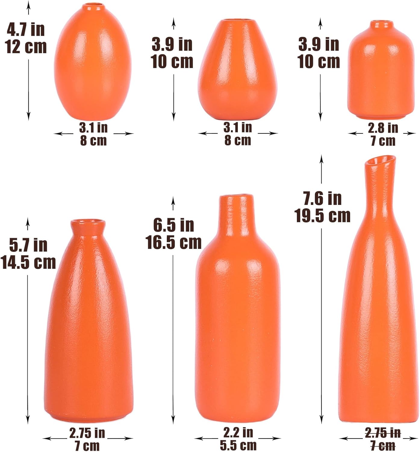 Matte Orange Vase Set of 6 - Bud Vases in Bulk, Modern Minimalist Flower Vases for Home Decor, Ceramic Mantle Vase Set, Rustic & Boho Centerpiece Vases for Entryway Table, Shelf, Living, or Bathroom