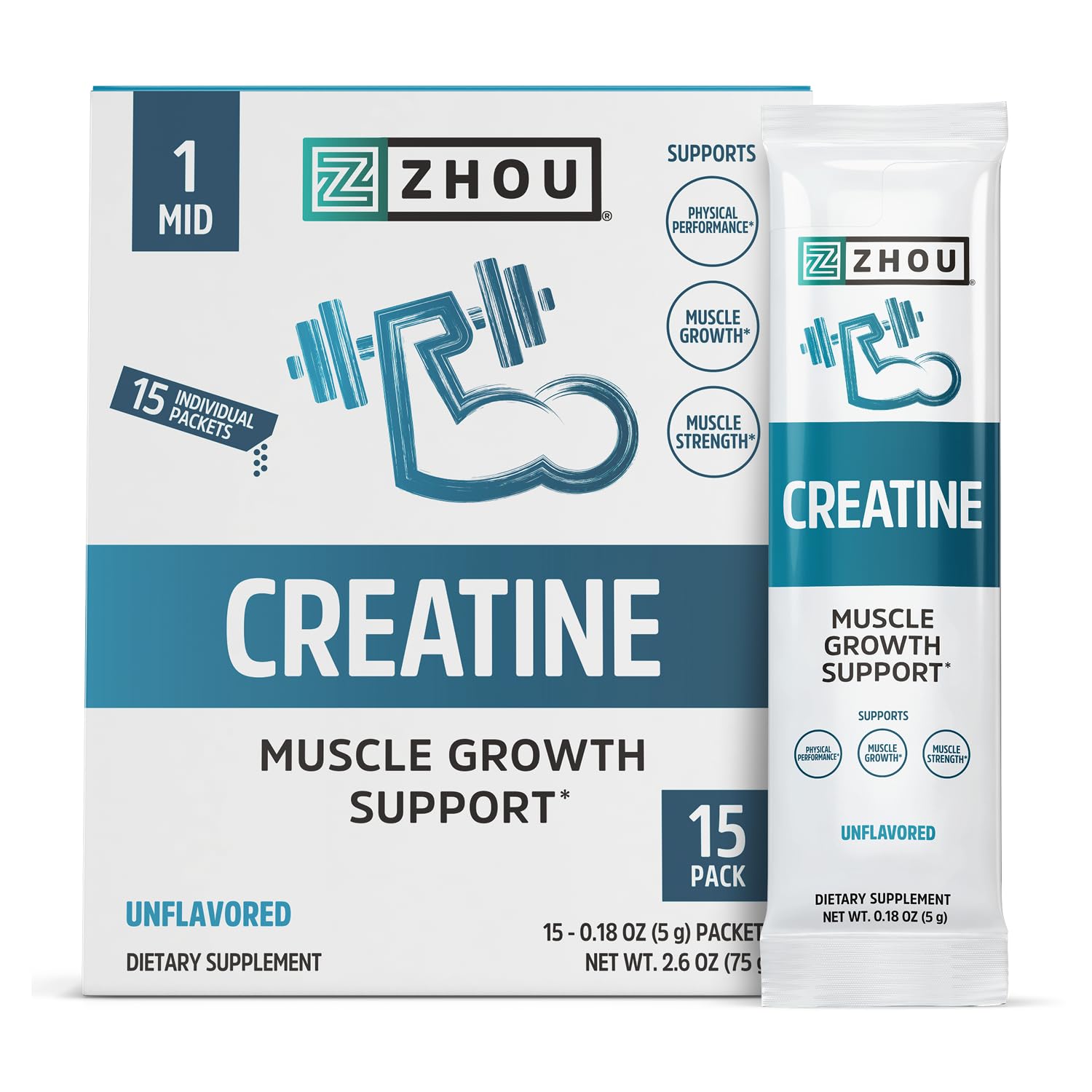 ZHOU Creatine Powder Stick Packs - Creatine Monohydrate Fitness Formula - Exercise Performance, Muscle Growth Support - Pre Workout Powder for Men and Women - 5g per Serving, Unflavored, Vegan - 15ct