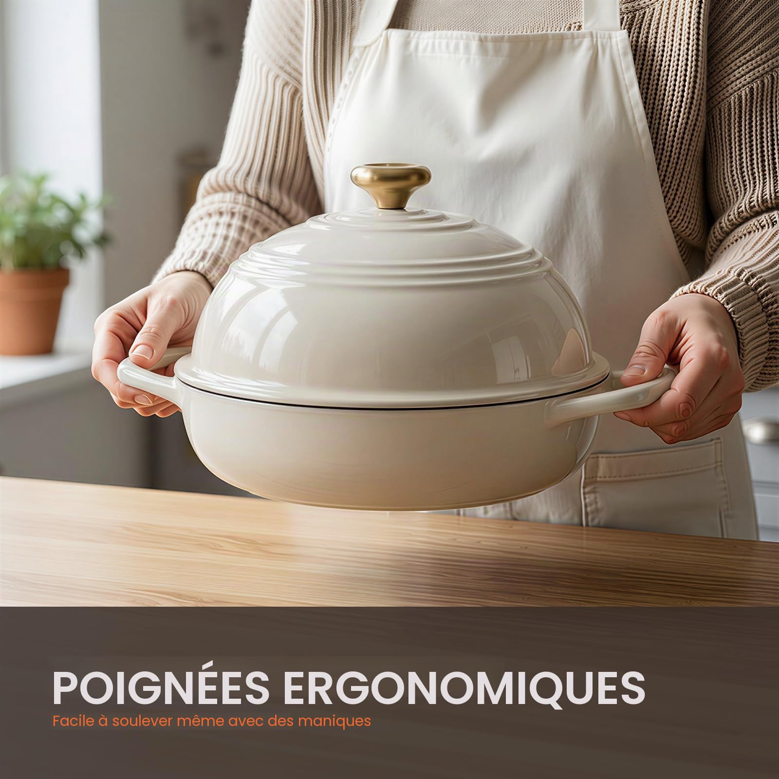 OVERMONT Cocotte à Pain en Fonte Émaillée 5,7 L, Tous Feux, Blanc | Pour pain au levain à croûte croustillante : base peu profonde, couvercle bombé, induction, four 260 °C et recettes.