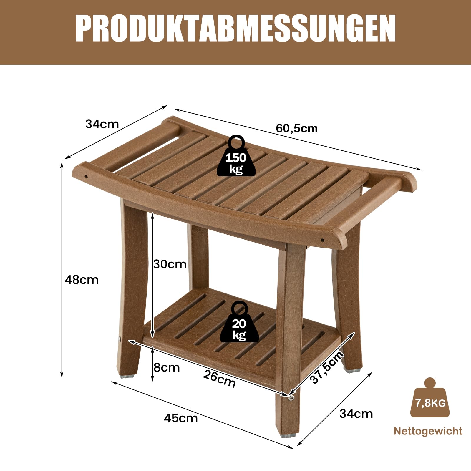 RELAX4LIFE Duschbank, Badezimmerbank mit Ablage Handtuchhalter, Badhocker mit Rutschfesten Füßen, Duschstuhl bis 150kg Belastbar, Duschsitz für Alte Schwangere, 60,5 x 34 x 45 cm (Braun)