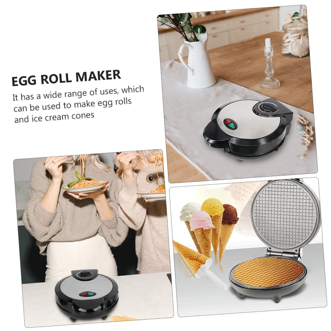 Mipcase Máquina para Hacer Panqueques Negra Recubrimiento Antiadherente | Base Antideslizante, Plástico y Acero Inoxidable, para Conos de Helado y Rollos, Limpieza Sencilla