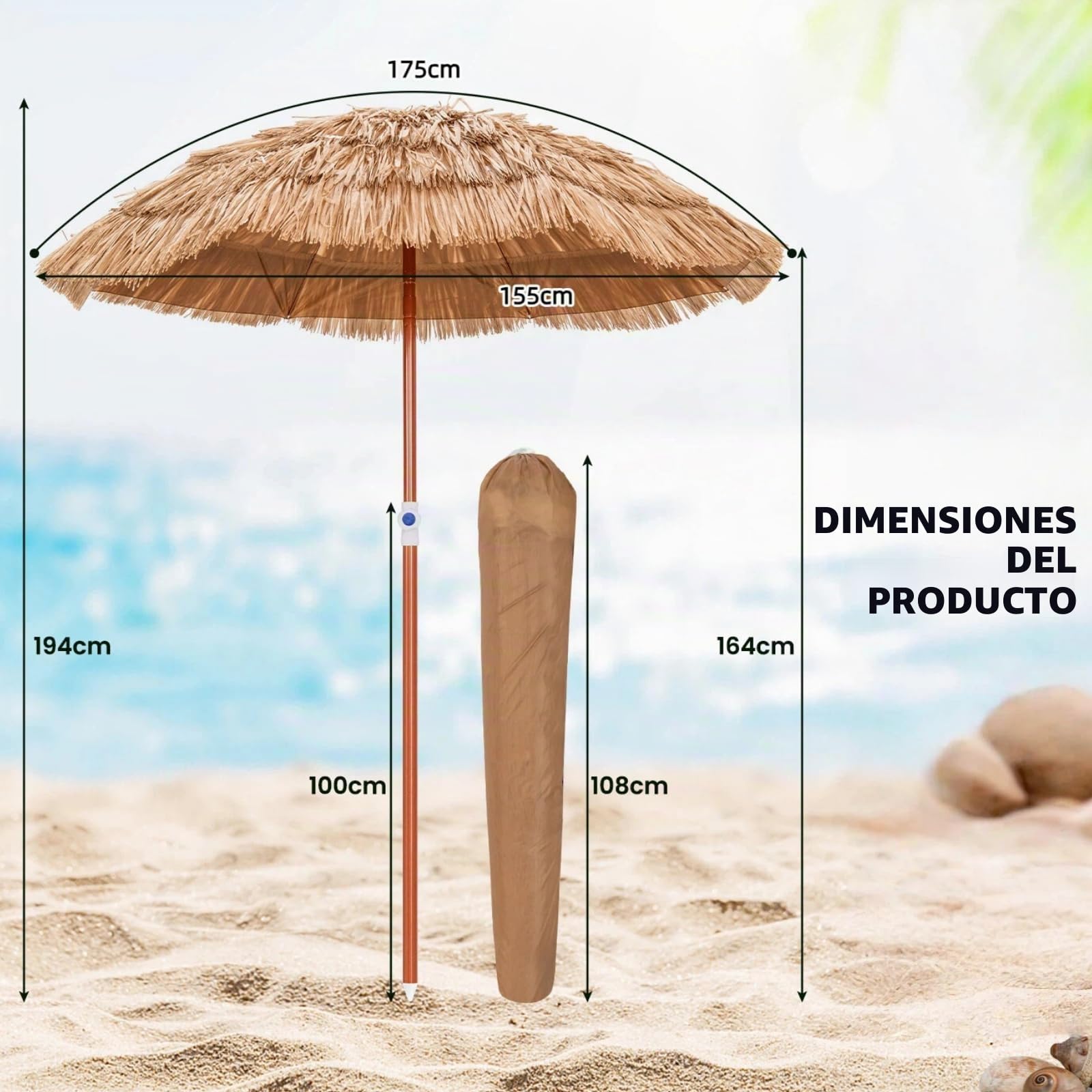 KOMFOTTEU Sombrilla Hawaiana de Playa de Paja PP Inclinable | Parasol de Rafia para Jardín con Altura Regulable, Ø 155 cm, Natural