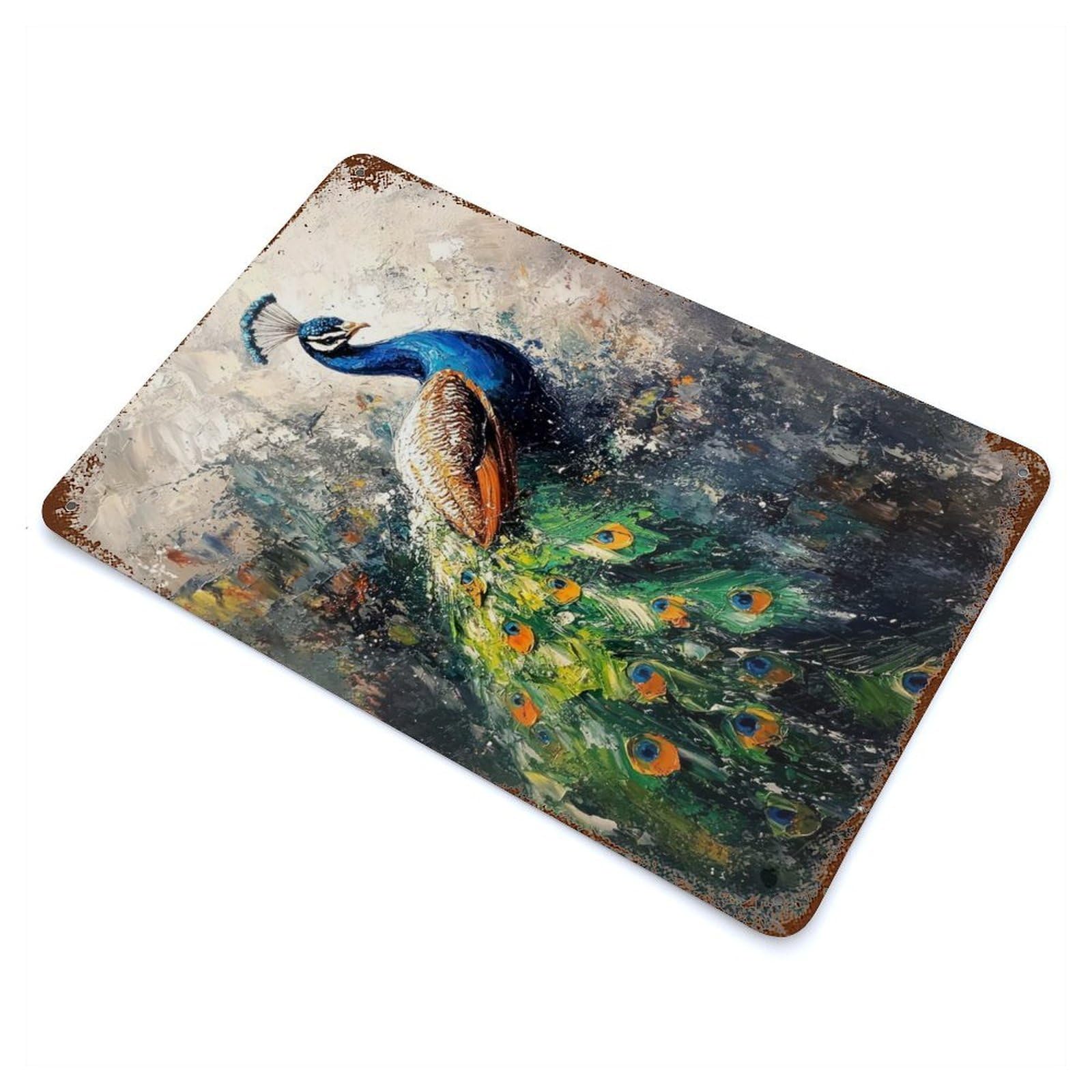 Rusty Metal Tin Sign with Peacock Painting Design 11.8"x7.9", for Garage, Bar And Workshop Decor, Decorative Metal Wall Art