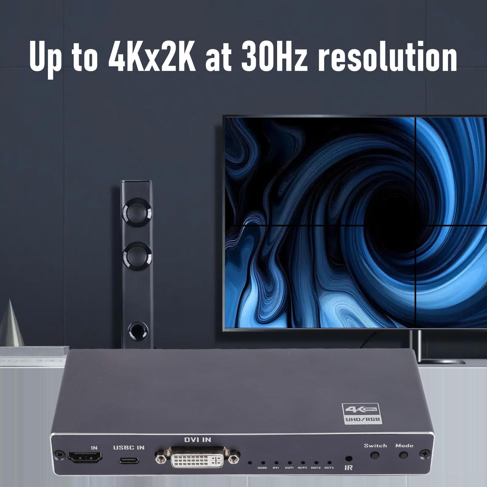 Controller per videowall 4K 2x2 con robusto design in metallo. | Controller da parete USB-C per TV, DVI multimediale HD a 30 Hz, 13 modalità di giunzione, rotazione di 90°, Plug and Play