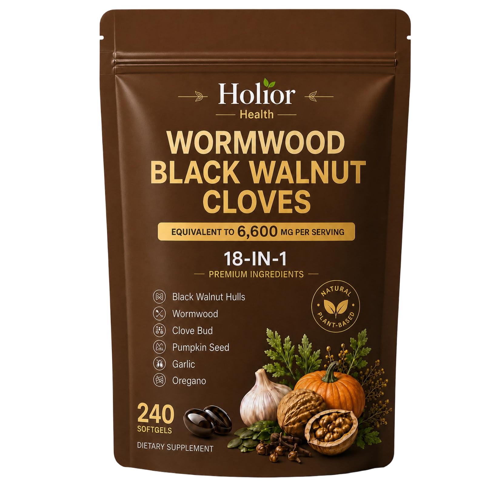 Holior Wormwood Black Walnut Cloves, 18-in-1 Botanical Blend with Garlic, Turmeric, Oregano - Herbal Complex Ingredients, Daily Digestive Balance Support, 240 Softgels