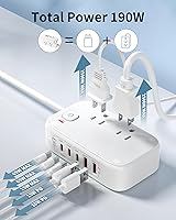 Vista 4 de USB Charging Station for Multiple Devices PD 65W Power Strip Surge Protection 1200J, 5FT Flat Extension Cord Desktop USB Charging Hub for