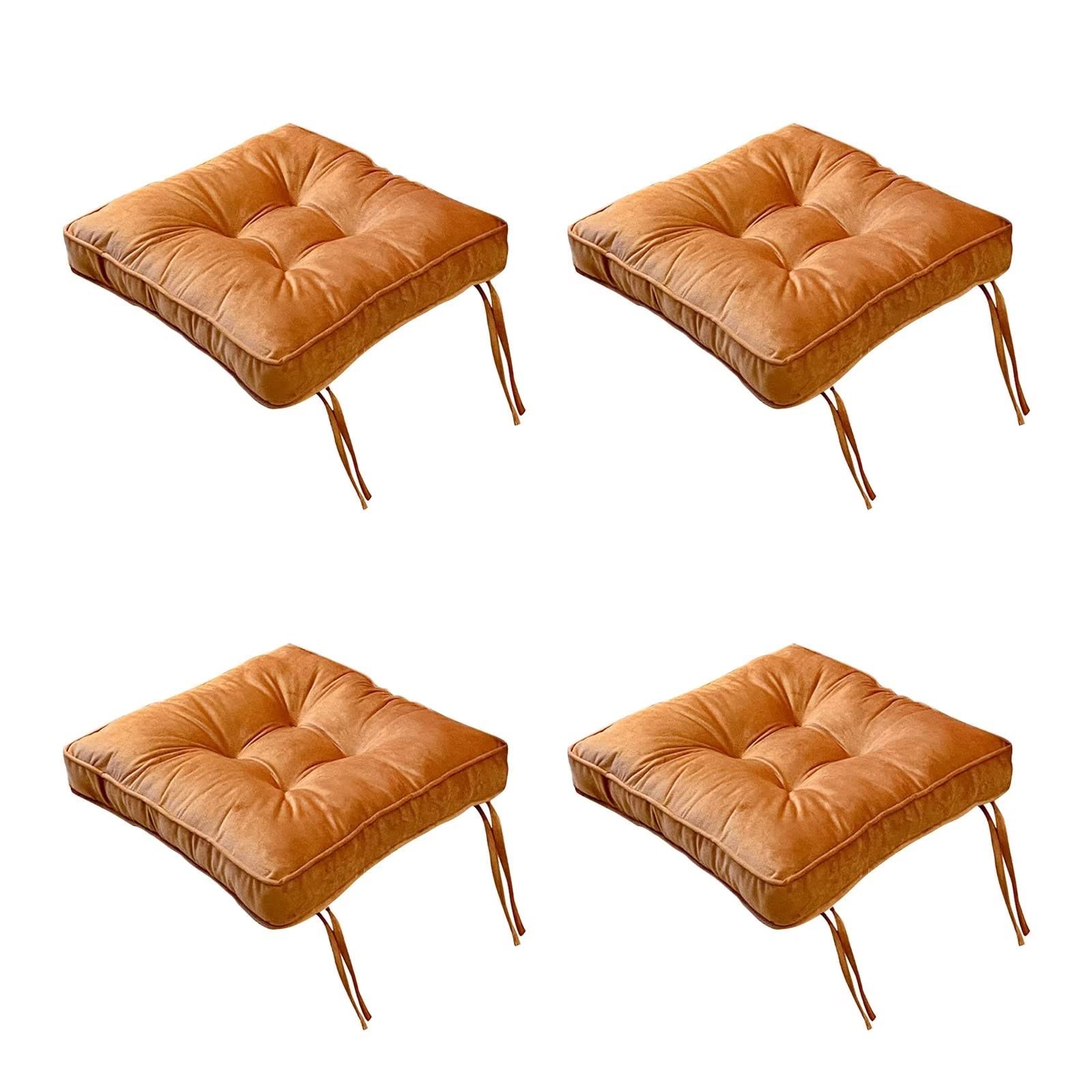 ZIBENE Set Of 4 Dining Chair Cushions with Ties Soft Comfort Non Slip Square, Velvet Seat Cushions for Kitchen Chairs Washable, High Elastic Peal Cotton Extra Thick Filling Andti-Deformation Brown