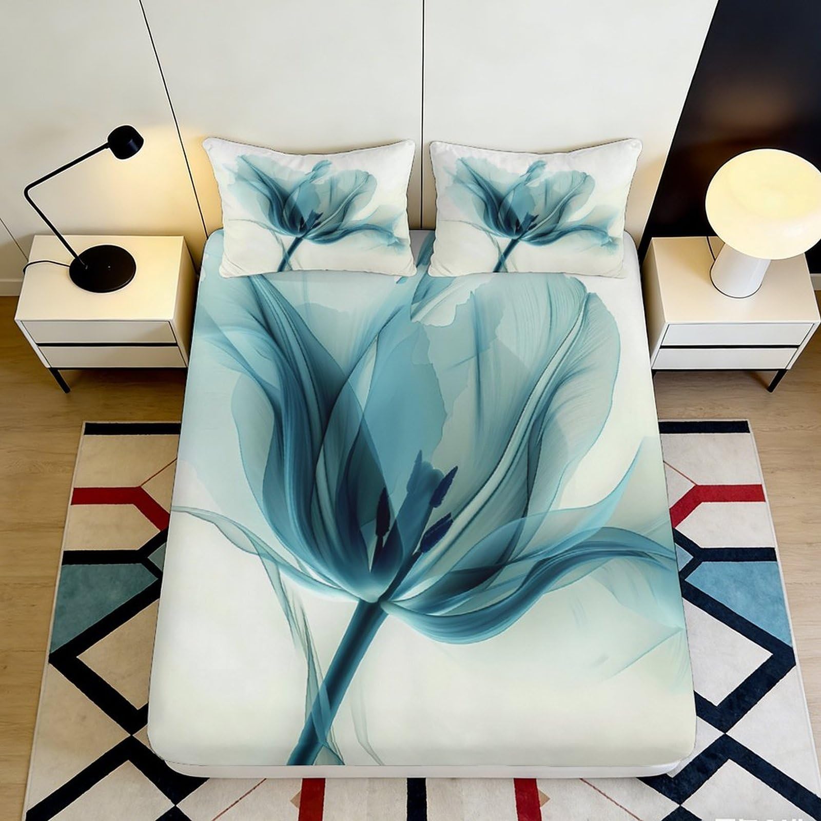 3D Printed Blue Tulip Fitted Sheet Microfiber Soft Artistic Flower Mattress Cover for Bedroom Dorm Decor 90x200x25cm