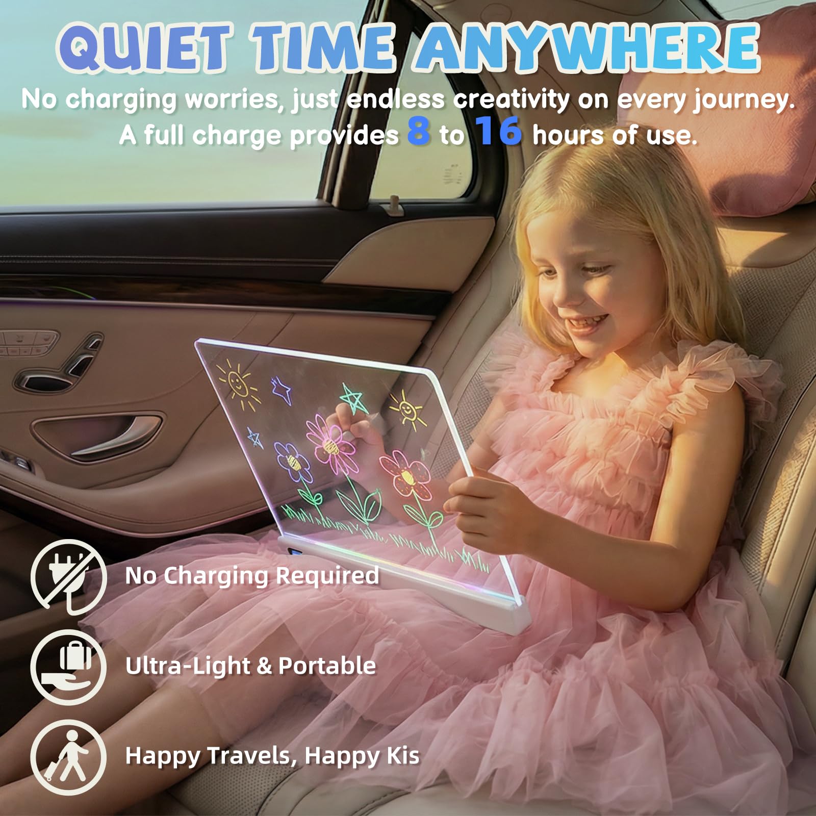 Tableau lumineux LED à notes avec couleurs, Ardoise lumineuse LED pour enfants rechargeable, 13 couleurs, 35x25 cm, inclut adaptateur, chaîne de suspension et support, Tableau à notes en acrylique