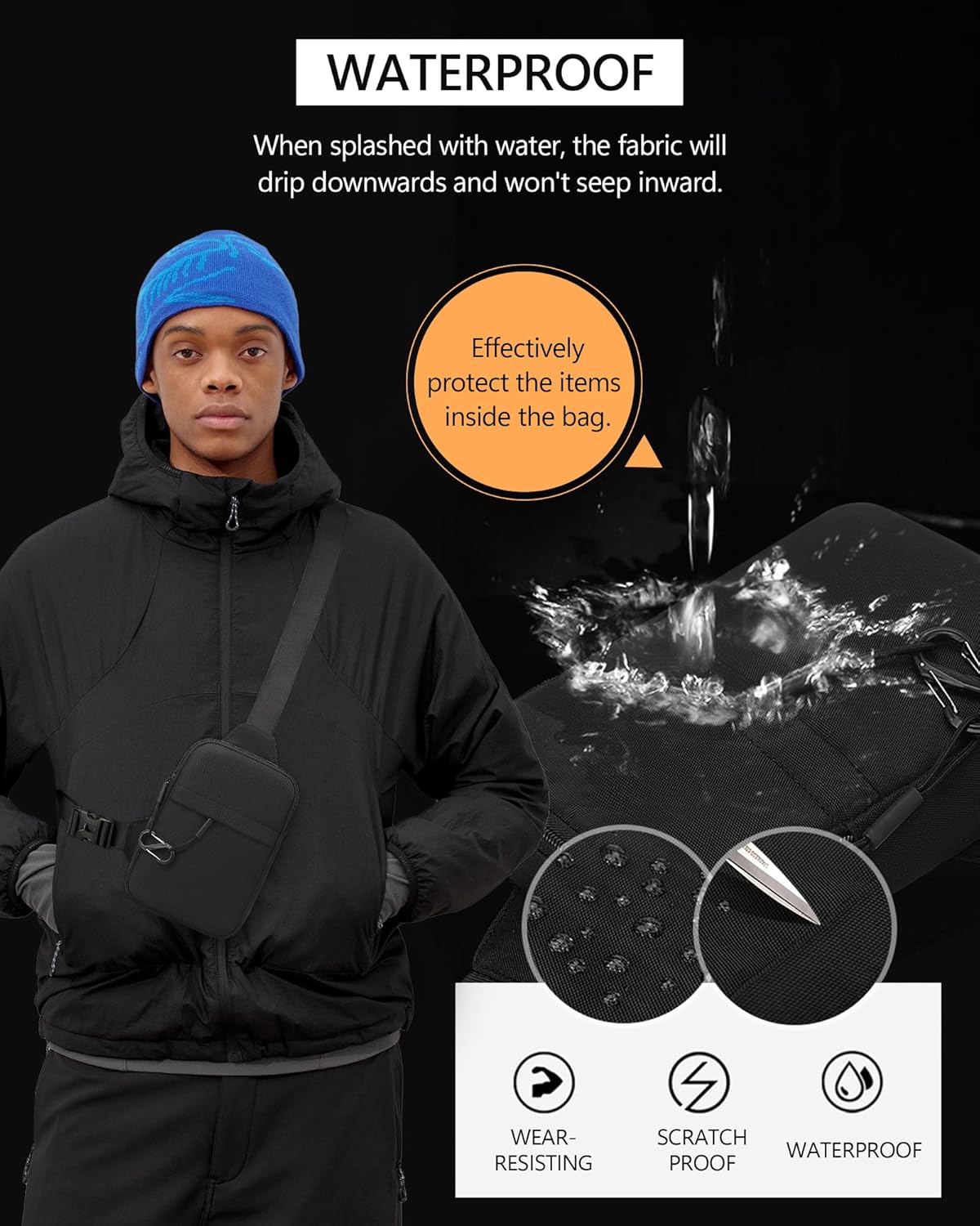 Peicees Small Anti-theft Sling Bag for Men Women Waterproof Mini Crossbody Backpack Chest Bag Travel Passport Phone Holder, Black - Image 3