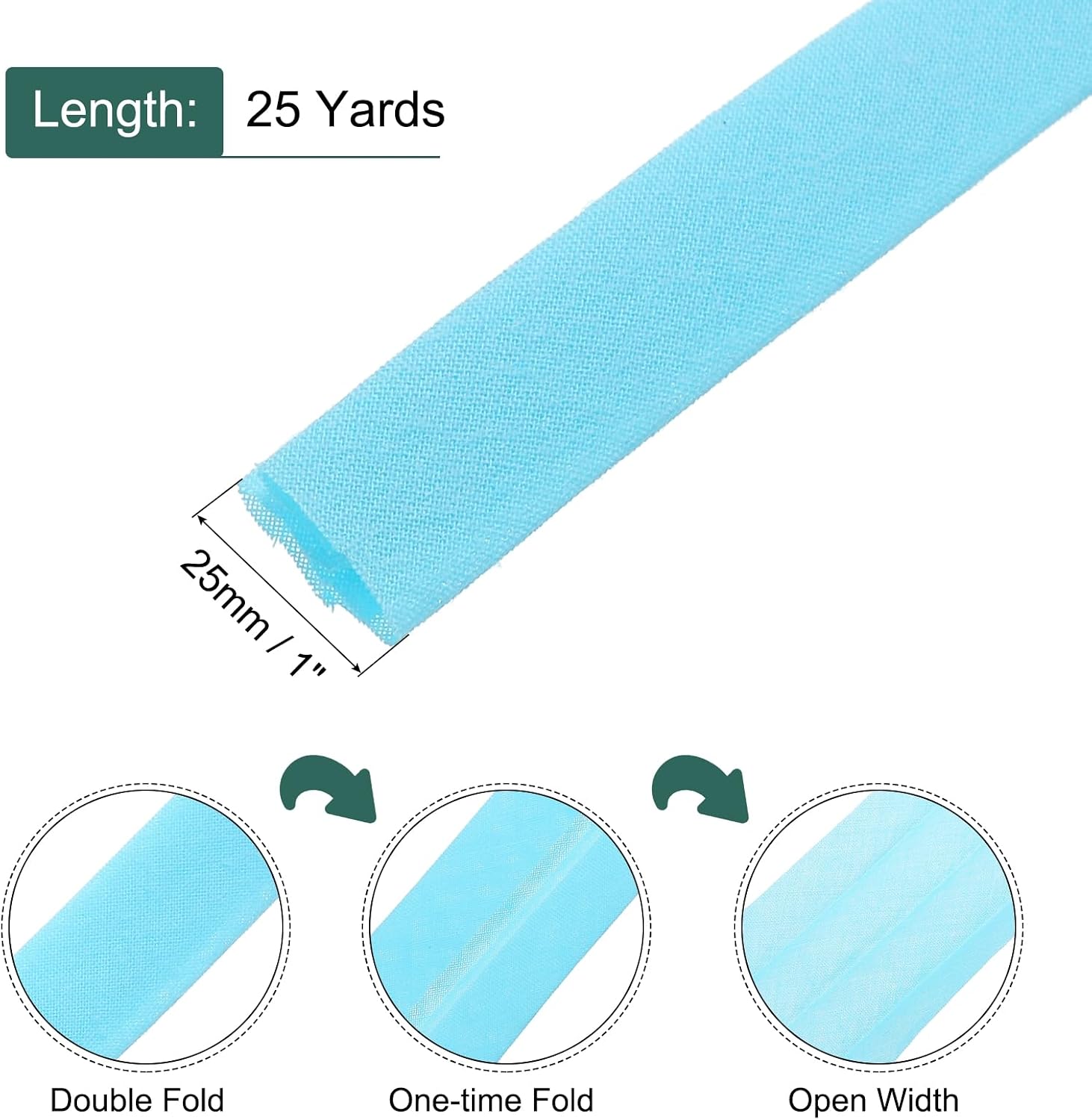 MECCANIXITY 1 Inch Double Fold Bias Tape Continuous Bulk Cotton Bias Tape for Sewing Seaming Quilting Hemming Binding Crafts (Light Blue 25 Yards)