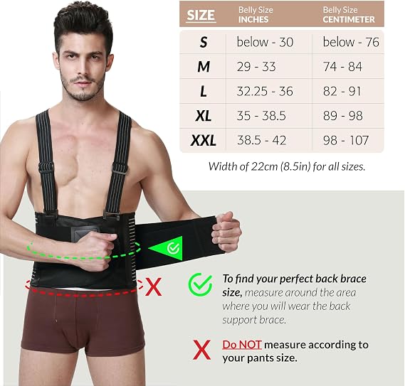Neotech Care Back Support Belt with Braces for Work - Industrial Lifting Support, Elastic Compression, Hook & Loop Fastening (Black, Size XL)