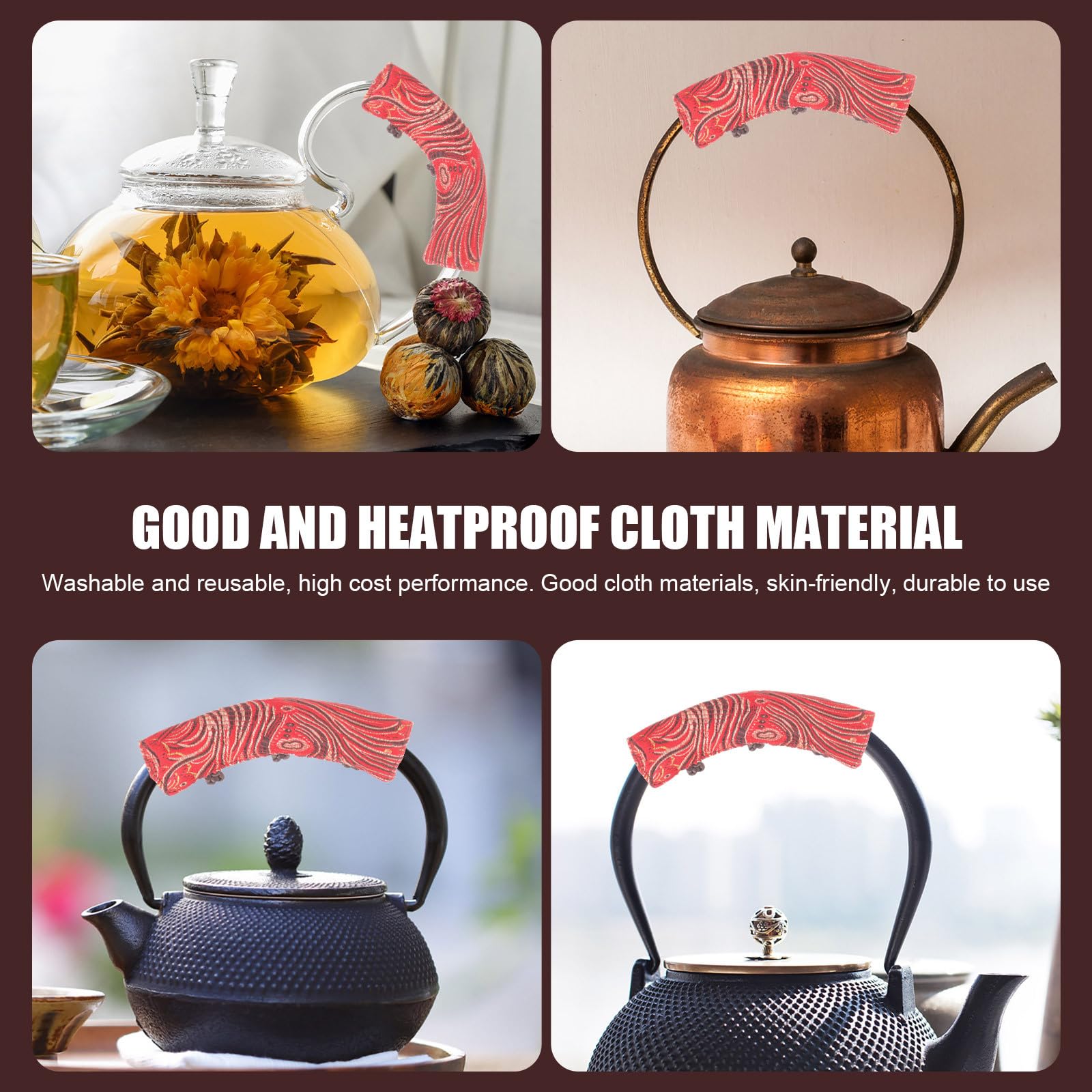 Gadpiparty Elementos de patrón clásico reutilizable con forma práctica para mango de tetera resistente al calor y manga, tela roja, agarre cómodo, antiquemaduras en uso en la cocina
