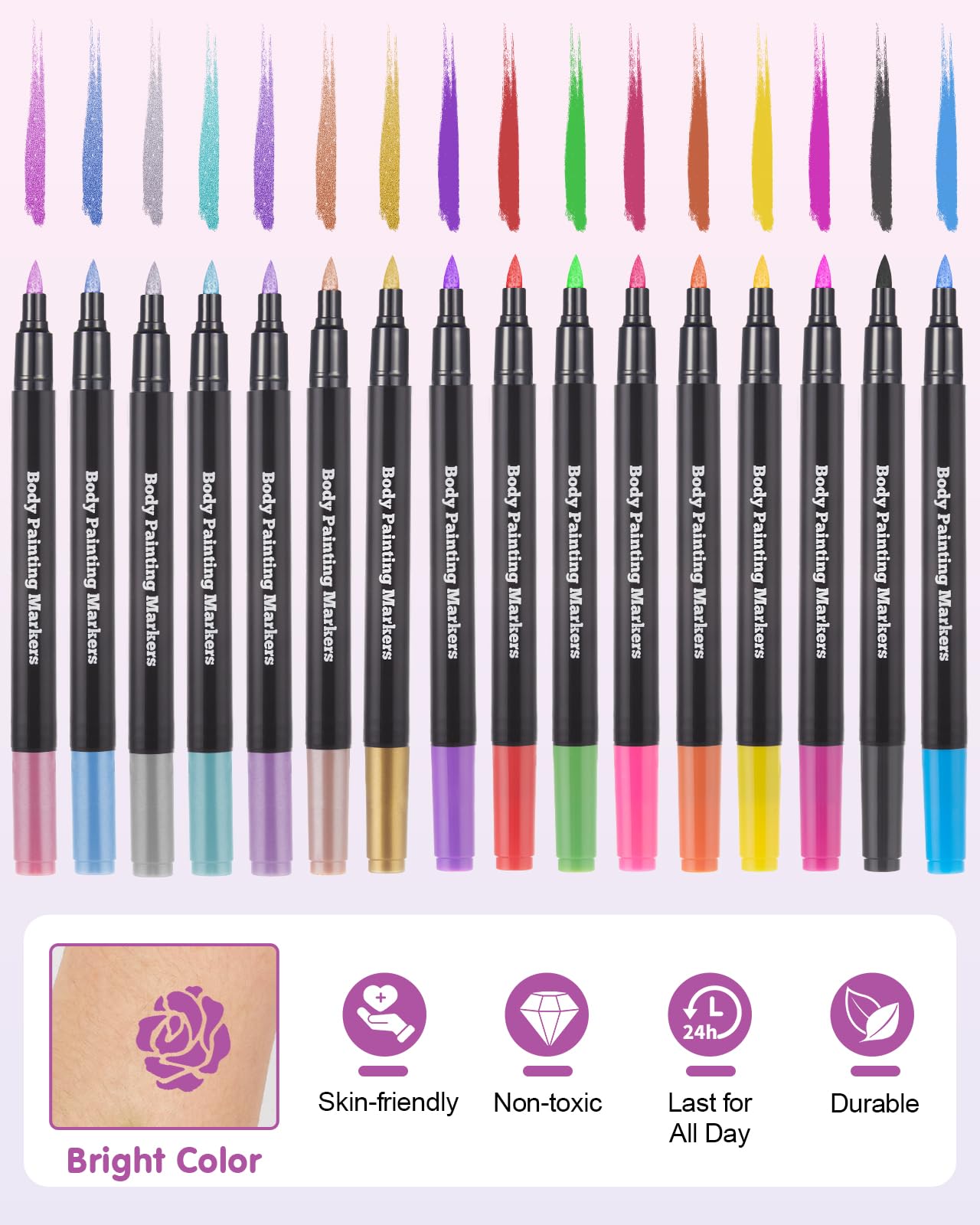 Lictin Temporary Tattoo Markers for Skin 16 Colors Dual-End Skin Tattoo Pens with 80 Tattoo Stencils - Image 4