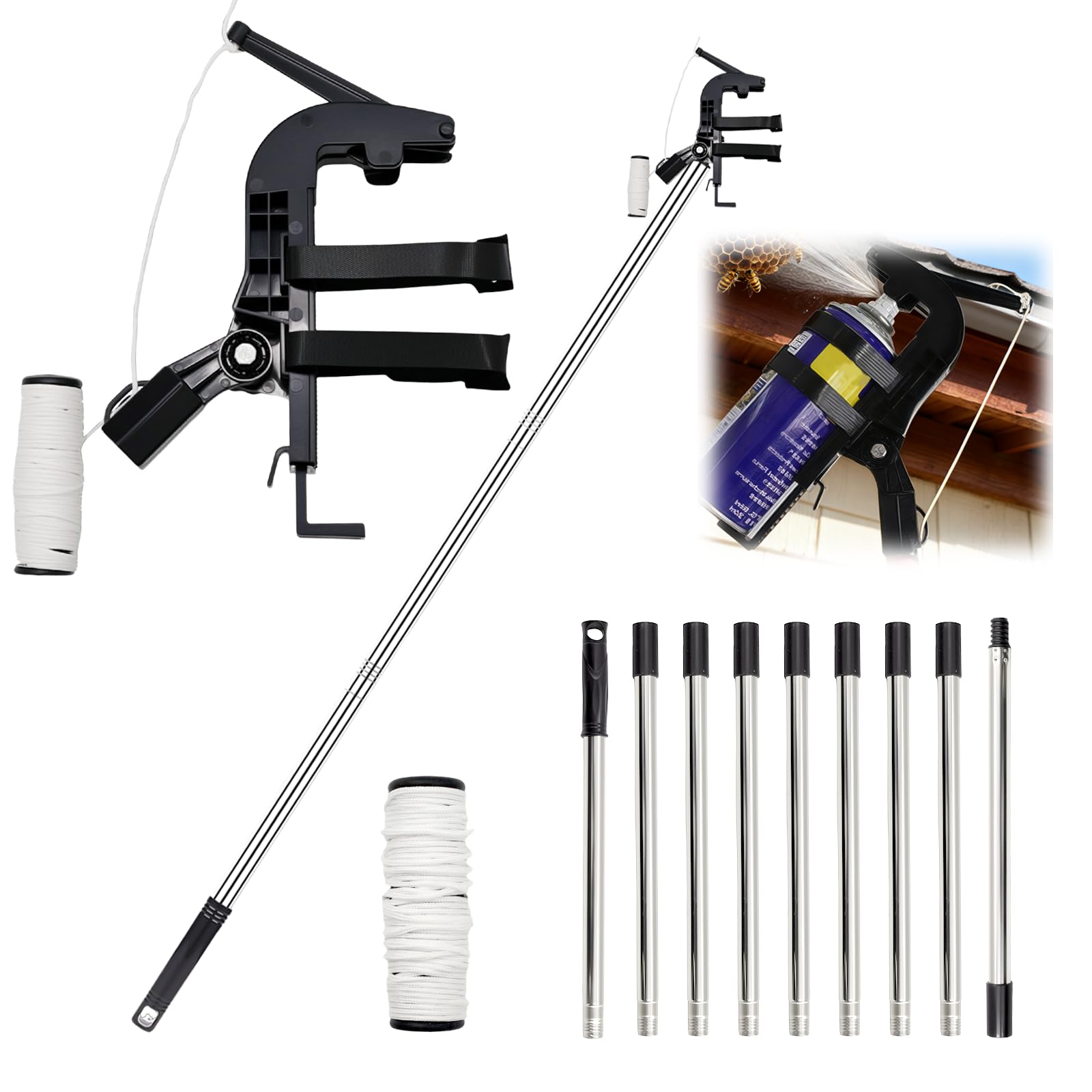 Spray Can Extension Pole 3.6m – Telescopic with Adjustable Holder, 3/4" Thread, for Wasp Spray & Paint