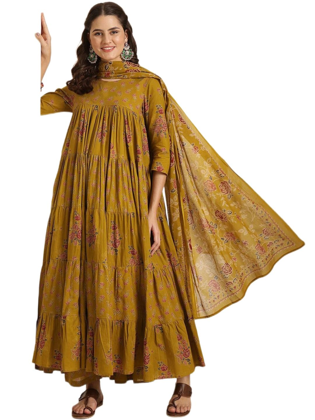 ANNI Designer Viscose Blend Kurta for Women | Kurti Set Woman | Anarkali Kurta with Pant & Dupatta | Black Floral Hand Block Printed Suit | Ethnic Indian Outfit Party Office Traditional Fashion Wear
