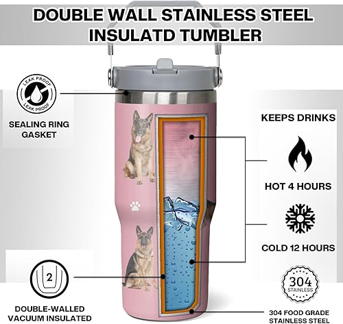 Miniatura 4 de Regalo de pastor alemán para los amantes de los perros, vaso de pastor alemán de 30 onzas, de acero inoxidable, aislado con asa (rubor de pastor