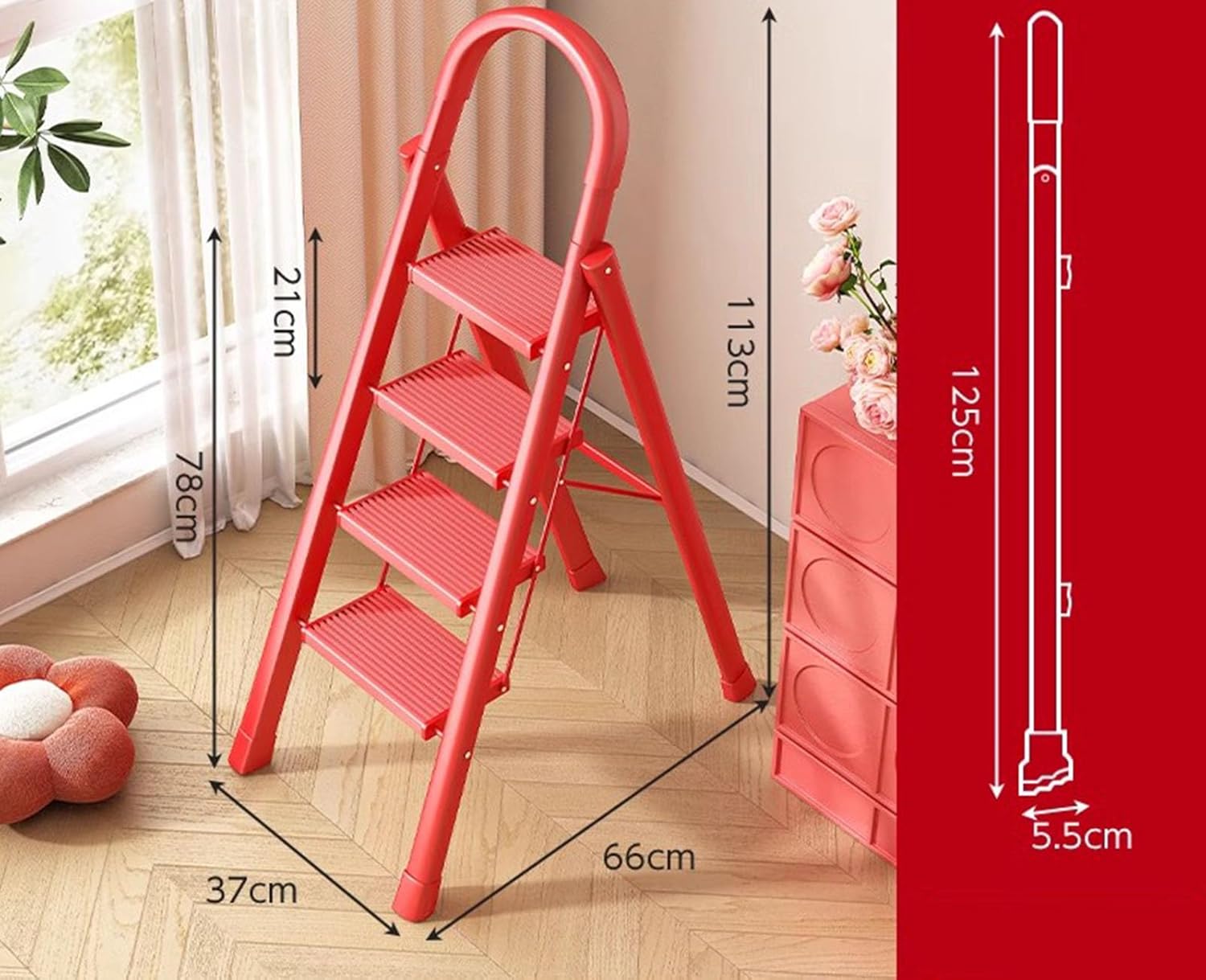 Zigzagging Ladder with Handle Extension Ladder Household Ladder Extension Ladder Portable Folding Ladder,red (Red)
