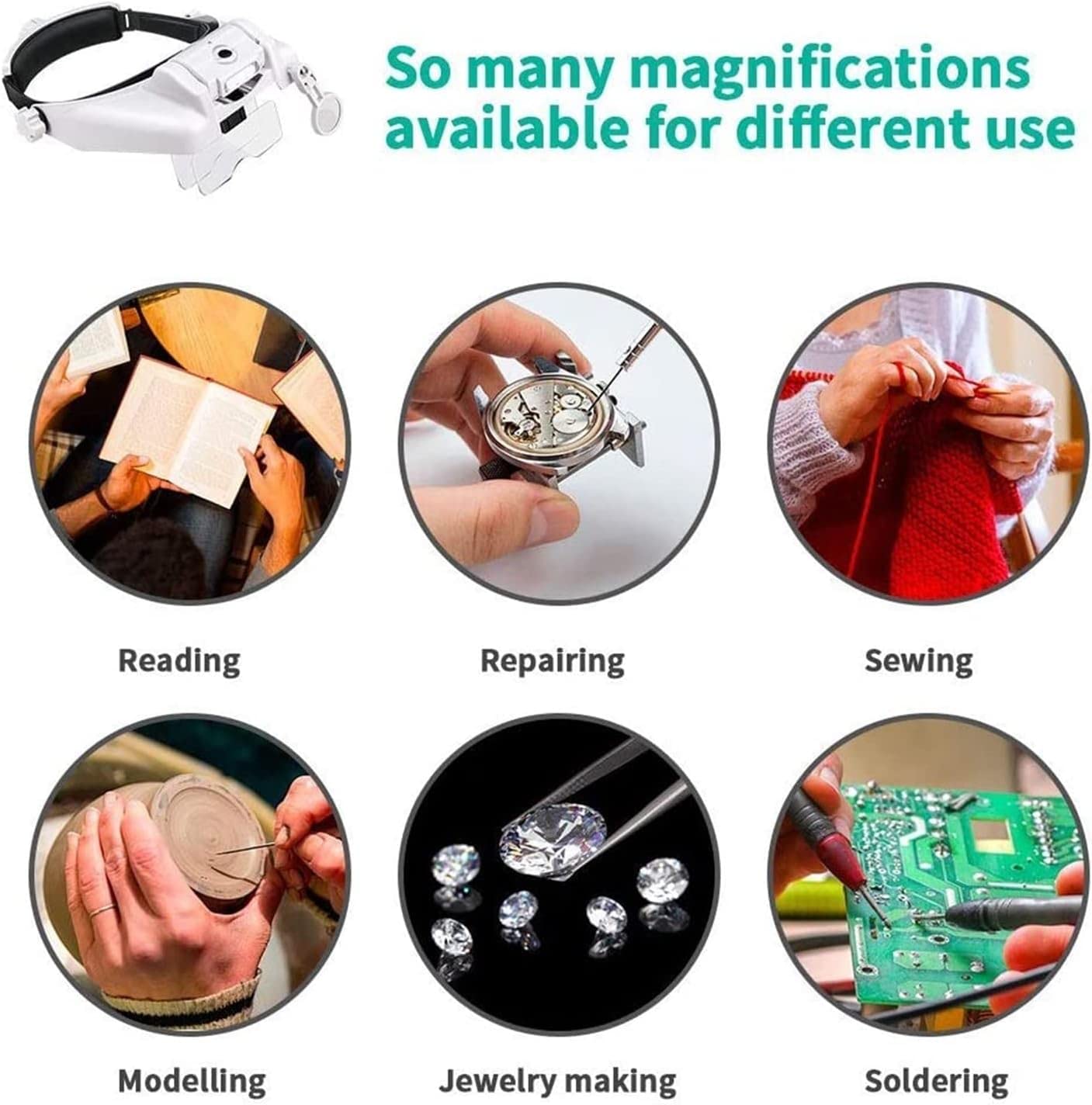 Lámpara de lupa con cabeza recargable USB, gafas binoculares, lupa con 3Led iluminada diadema lupa para lectura flexible cuello de cisne brazo visión de matrimonio, Fdj030-1