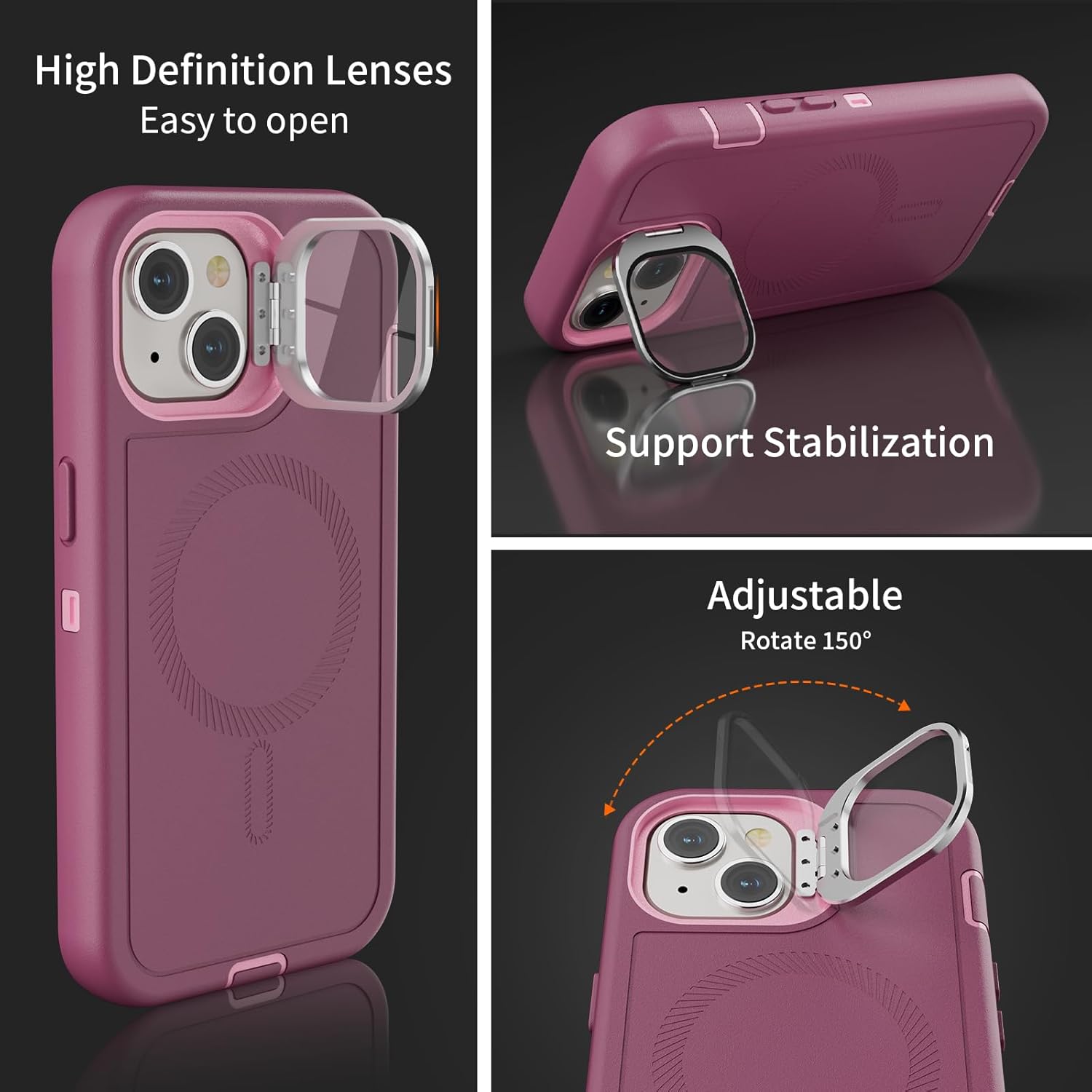 for iPhone 14 Case with Stand & Built-in Camera Cover, MagSafe Compatible, Heavy-Duty Shockproof Protection, Magnetic & Rugged Phone Cover for iPhone 14 6.1'', Purple-Pink - Image 6