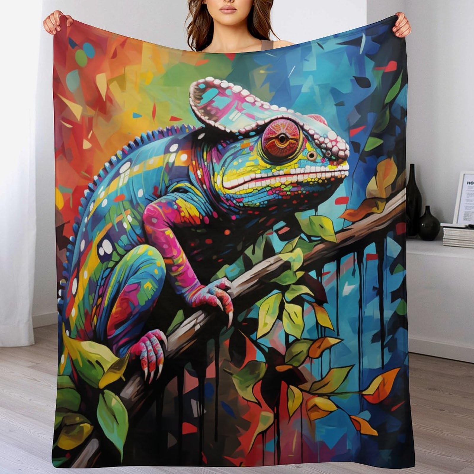 Couverture en peluche souple Caméléon contre le froid sur le lit