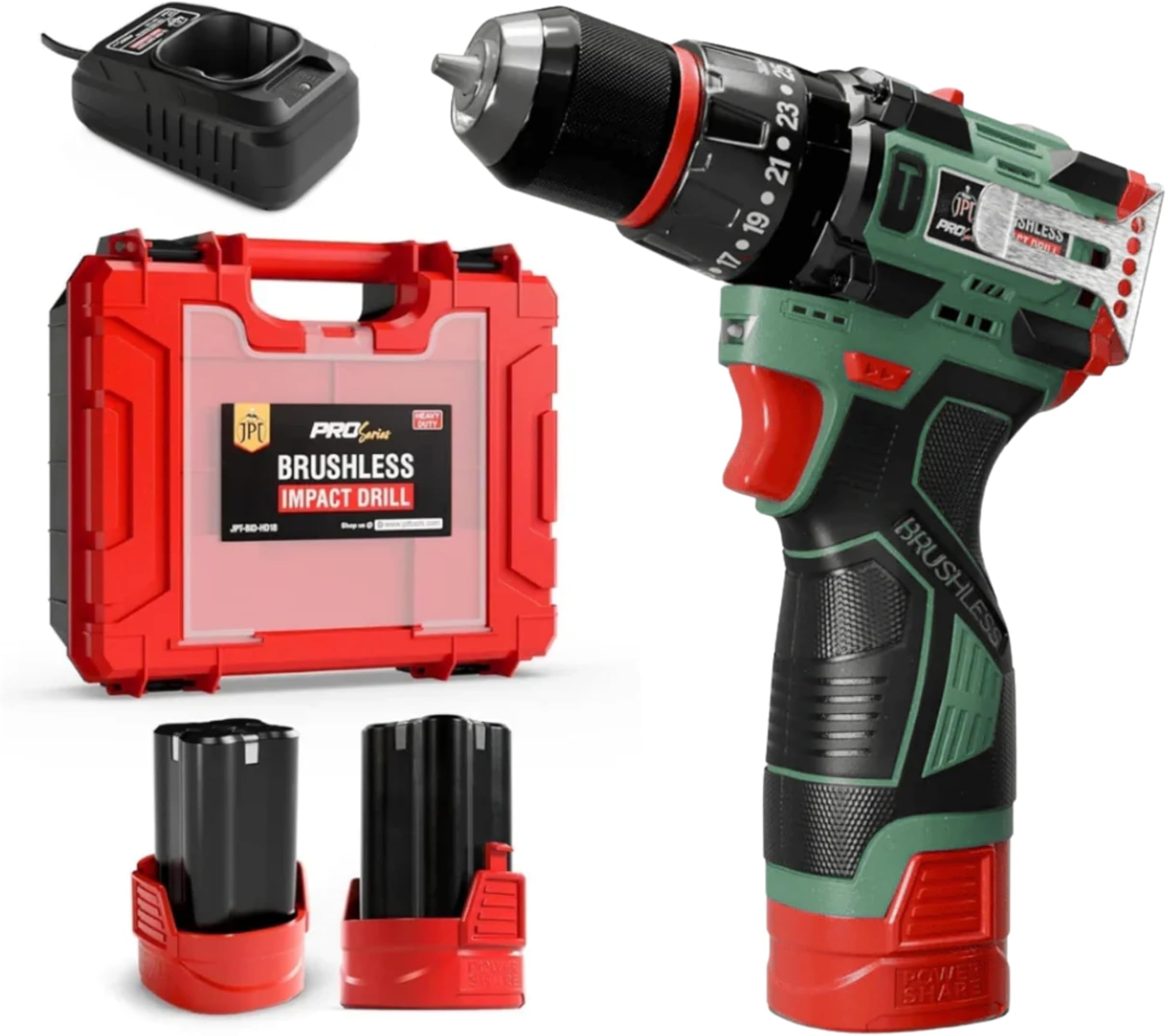 JPT New Pro Series Brushless 18-volt Cordless Impact Drill Machine with 70N.m Torque | 2150 RPM Speed | 25+3 Gears | 2 Speed Modes | 3/8" Metal Chuck | One Year Warranty, Green