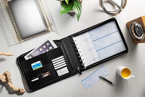 Miniatura 6 de Inkline Carpeta profesional de piel sintética con cierre de cremallera con 7 anillas, capacidad de 500 cheques, hojas de 9 x 13 pulgadas,