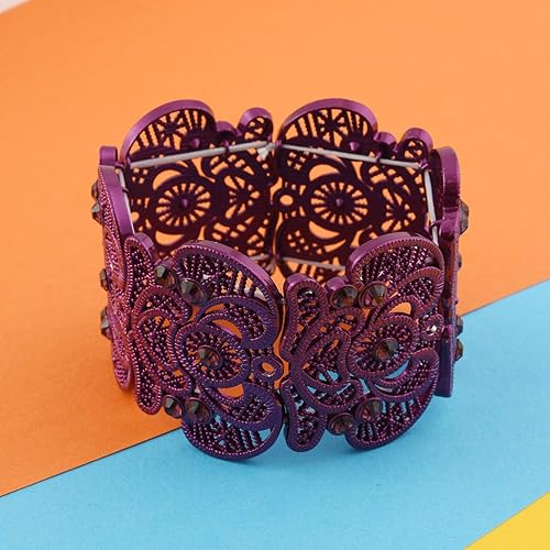 Miniatura 4 de D EXCEED - Brazalete de encaje bohemio para mujer estilo vintage filigrana brazalete ancho y elástico con diamantes de imitación para mujer Dorado
