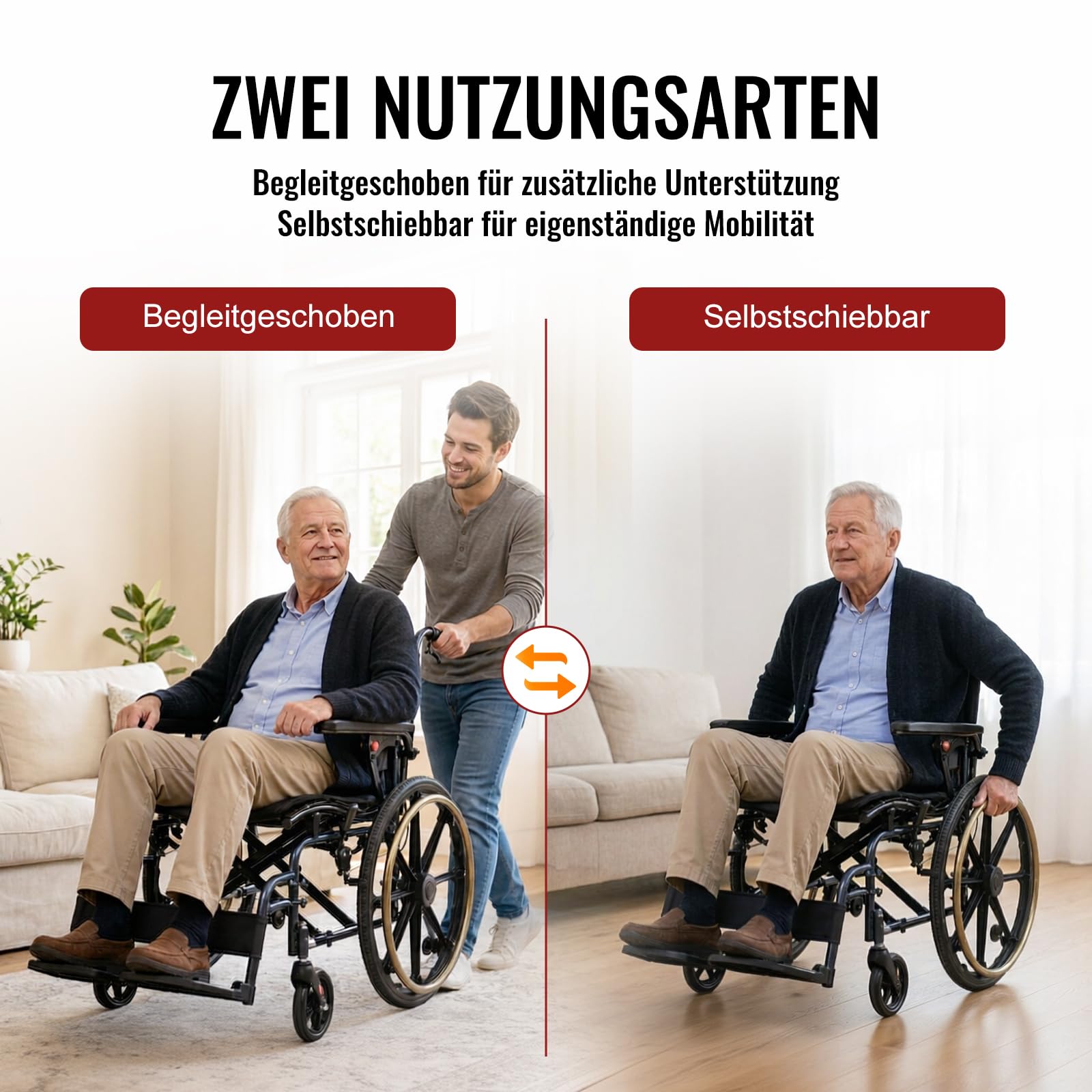 M4 Rollstühle mit Selbstantrieb, Rollstuhl Faltbar Leicht mit Doppeltem Sitzpolster, Schockabsorbierenden Vorderrädern, Leichtes Aluminiumgestell, Für Erwachsene