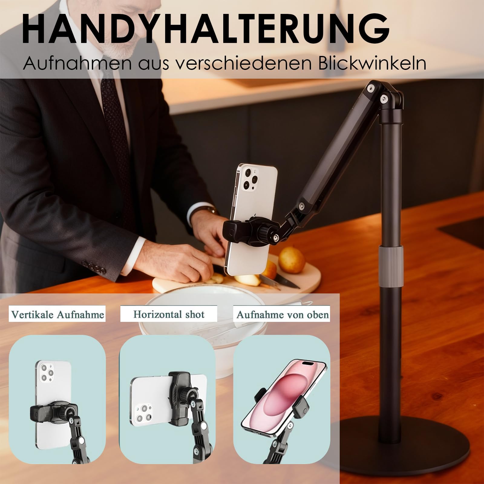 Support Téléphone Bureau en Métal, Trépied Smartphone Réglable en Hauteur 18-70cm avec Rotation 360°, Support Téléphone pour Filmer, Streaming, Vidéoconférence et Télétravail